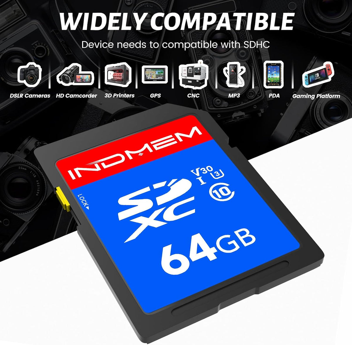 INDMEM SD Card 64GB 8-Pack, Class 10 64GB High Speed up to 90M/S Full HD Video Flash Memory Card MLC Standard Secure Digital Cards Camera Cards
