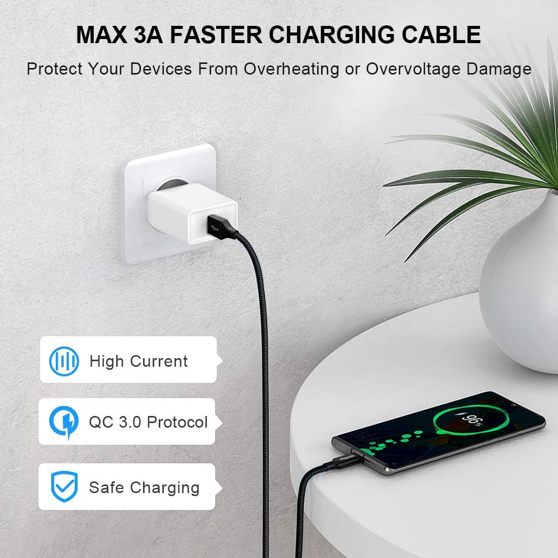 etguuds 6ft USB A to USB C Cable 3A Fast Charging, 2-Pack USB A to USB Type C Charger Cord for iPhone 16 15 Pro/Pro Max/Plus, for Samsung Galaxy S24 S23 S22 S21 S20 S10 A55 A54 Flip Note, Moto, Black