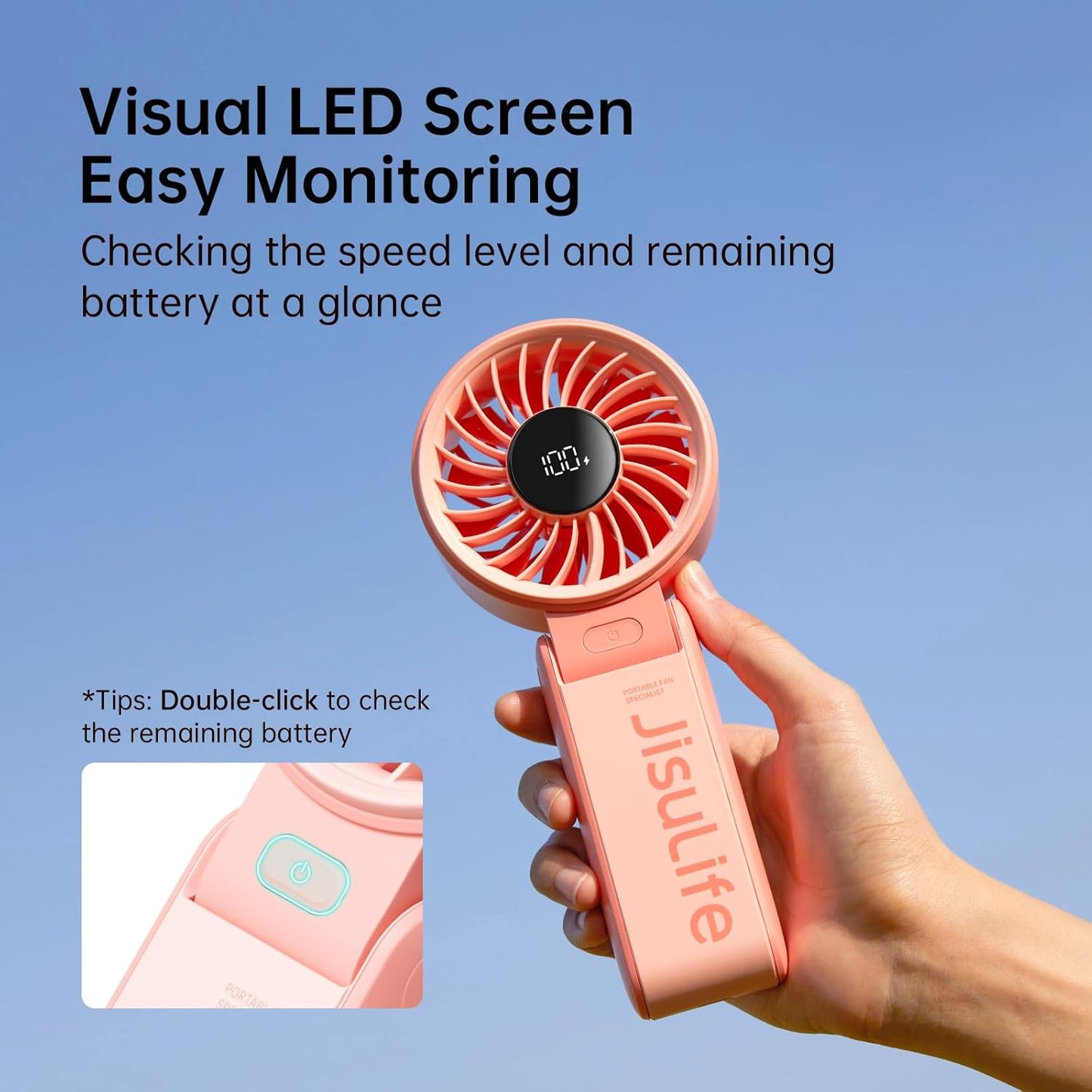 JISULIFE Handheld Fan Life7 – Ultimate Flexibility: High-Power Motor, LED Display, 19.5 Hrs Cooling, 5000mAh Rechargeable, 5-Speed, Foldable Design, 3-IN-1 Portable Fan for Travel Cruise Beach(Pink)
