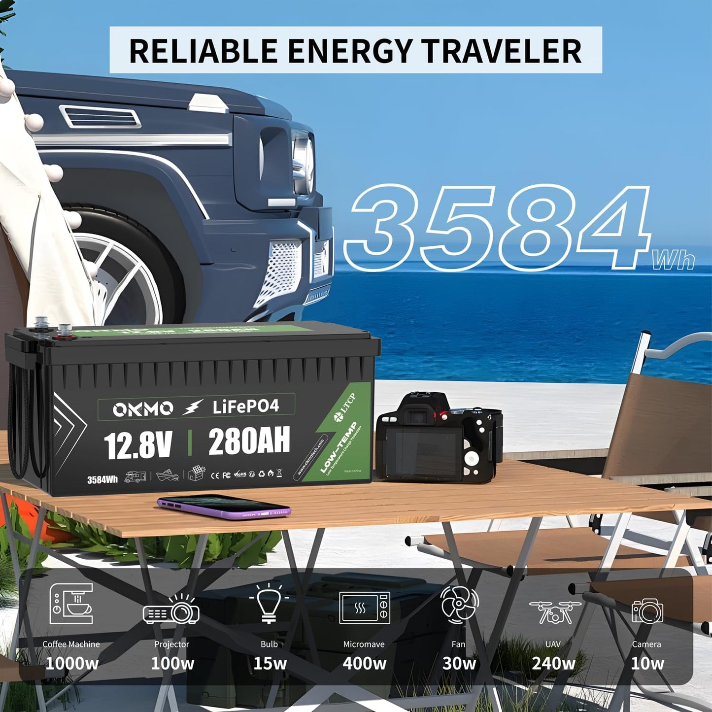 OKMO 12V 280Ah LiFePO4 Lithium Battery Built-in 150A BMS Low-Temp Protection for RV, Solar/Off-Grid Applications, Home Energy Storage, Marine