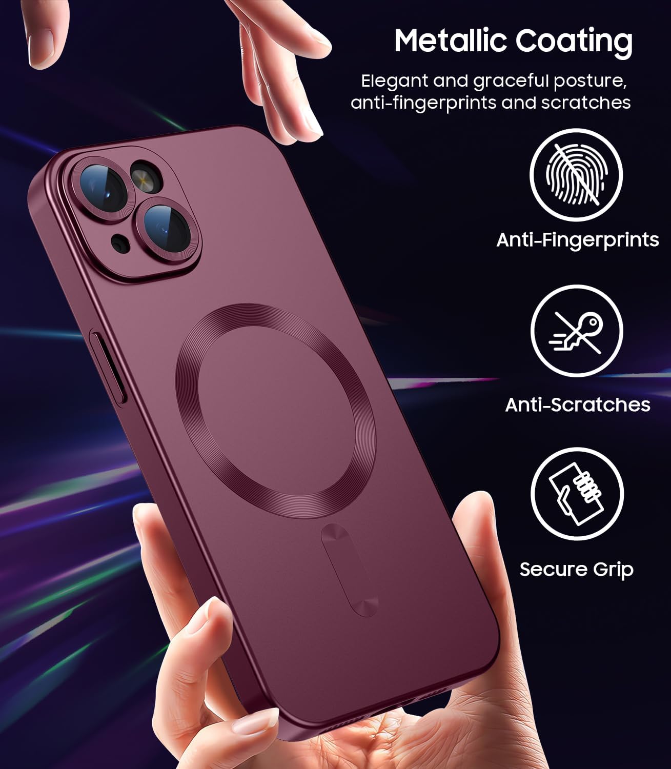 Magnetic for iPhone 14 Case [Compatible with MagSafe][Built-in Camera Lens Protector] Slim Soft Silicone Bumper Shockproof Metallic Luster Phone Case (Burgundy)