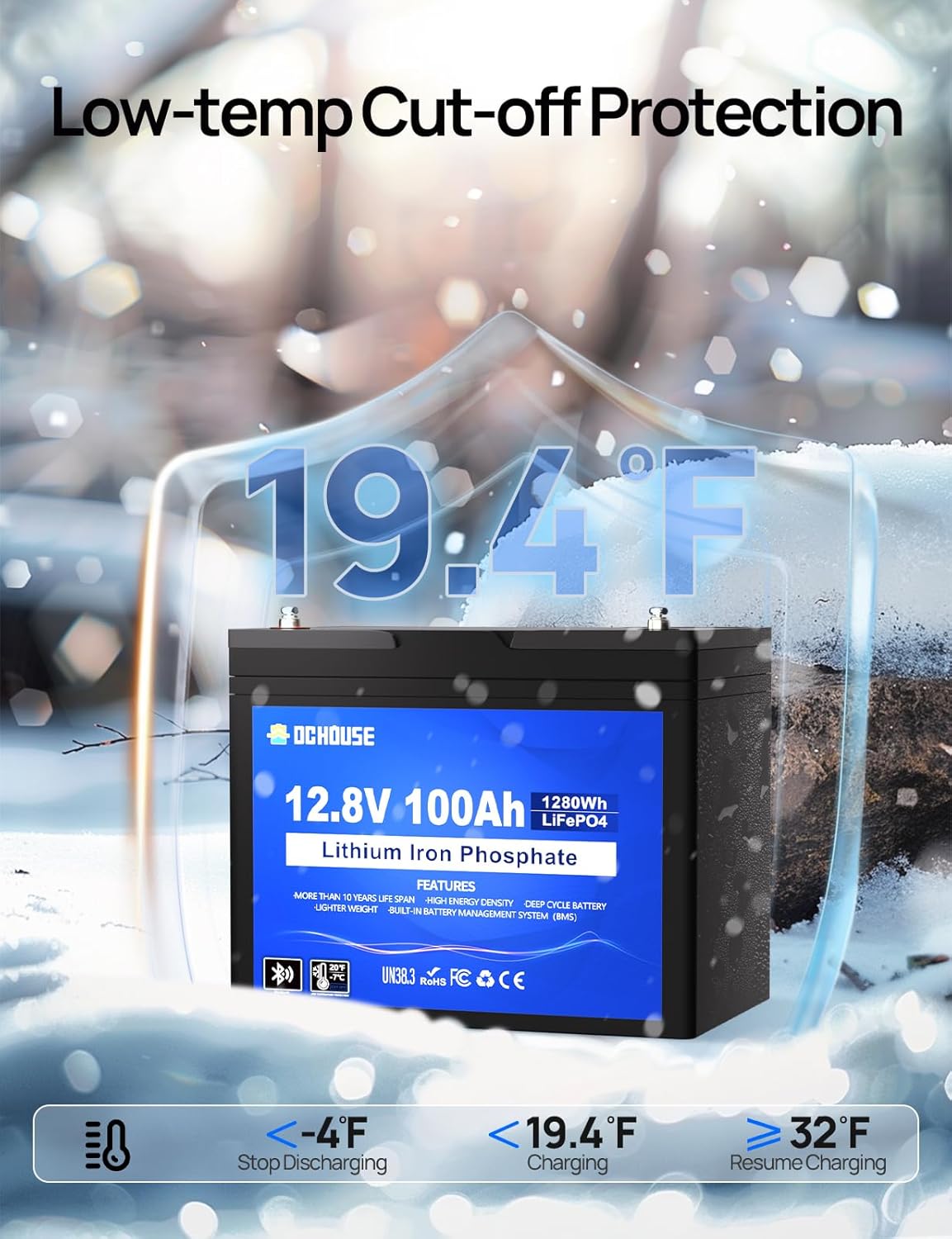 DC HOUSE 12V 100Ah LiFePO4 Lithium Battery, Bluetooth & Low Temp Cut-Off, Group 31 Lithium Battery, Up to 15000 Cycles, 100A BMS, Perfect for Trolling Motors, Marine, Boat, Solar