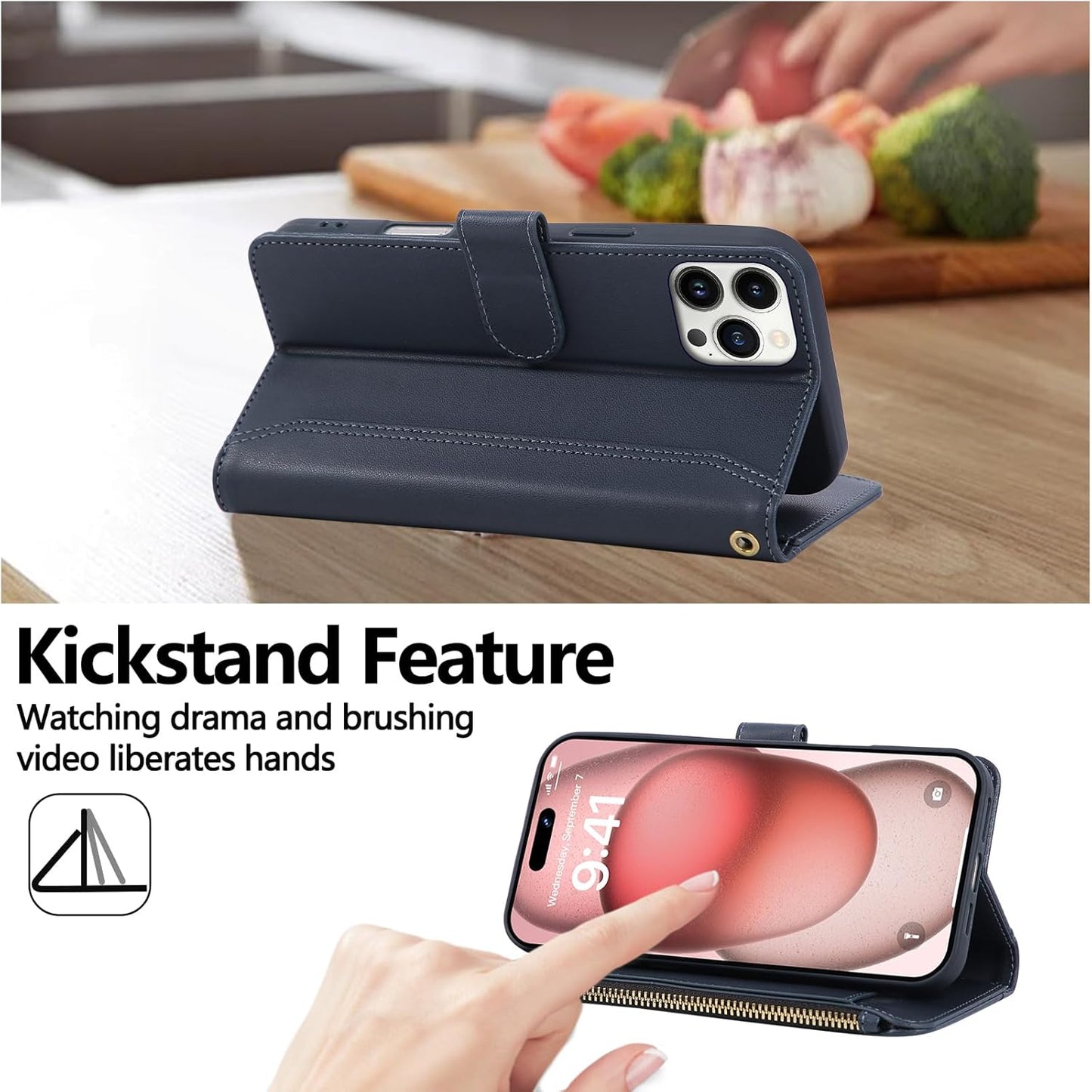Compatible with iPhone 14 Pro Wallet Phone Case-PU Leather Magnetic Flip Cover with Credit Card Slots,Zipper Pocket & Detachable Wrist Strap,Shockproof Design,for Women and Men-Navy Blue