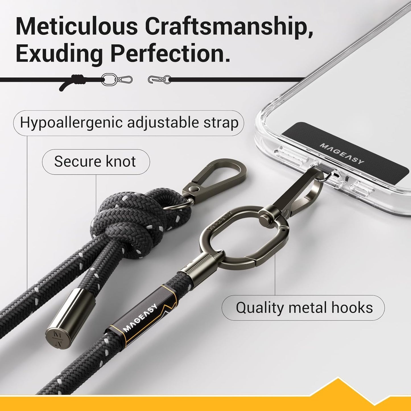 MAGEASY Universal Cell Phone Lanyard - Anti-Theft Thick Rope Crossbody Phone Strap for iPhone 16 Pro Max & Most Smartphones, for Men & Women | 8.3mm Reflect Black