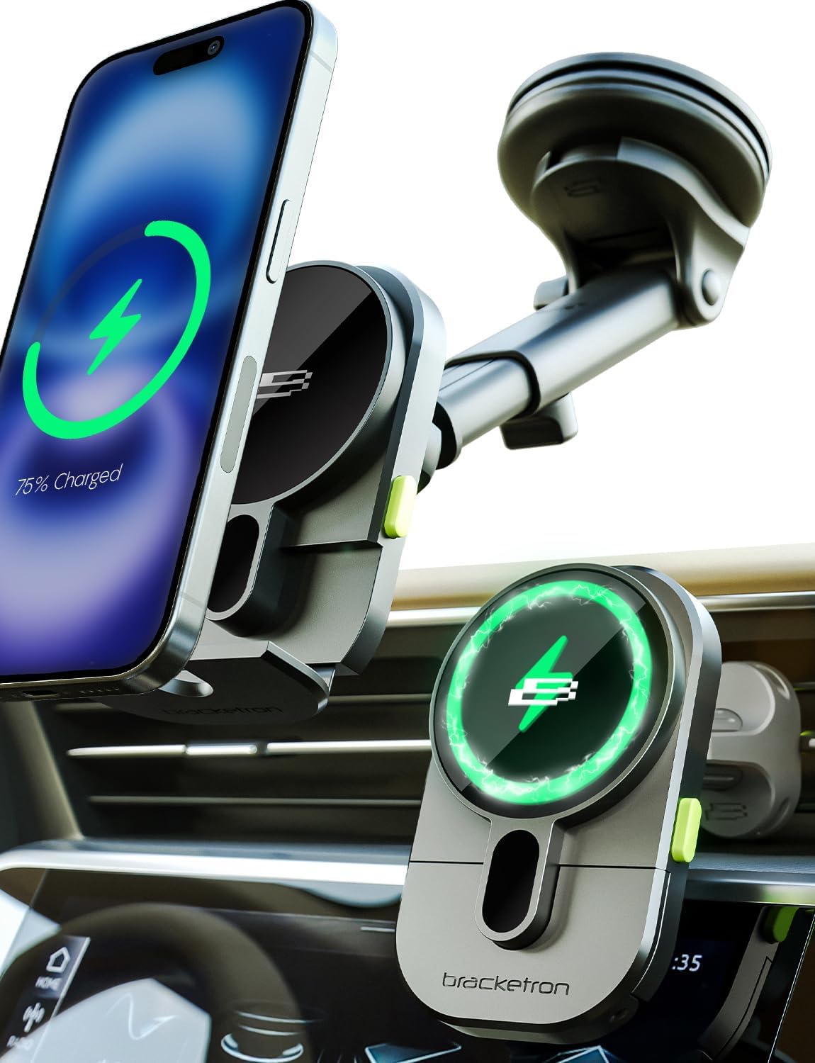 Bracketron MagAlign Extend 15W Magsafe Car Mount Charger, Magnetic Car Phone Holder Charger Wireless Car Charger for iPhone 16 Pro Max 15 14 13 12,Vent/Windshield/Dash Phone Mount Holder Fast Charger