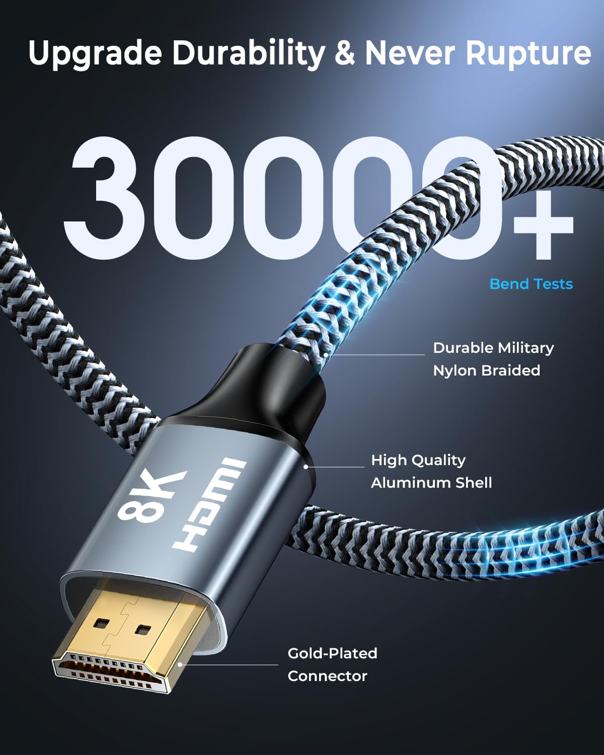 8K HDMI Cable 35 ft, 48Gbps High Speed HDMI 2.1 Cable, Braided HDMI Cable 2.1 8K 60Hz 4K 120Hz Support for HDR eARC HDCP 2.2/2.3, HDMI Cord Compatible with HDTV, Laptop, Monitor, PC