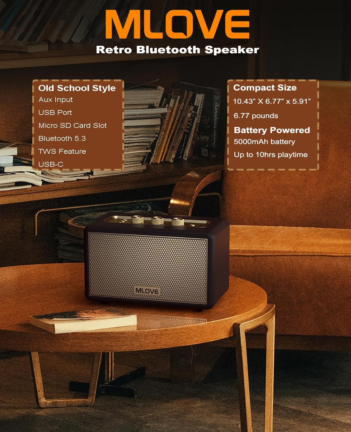 MLOVE A200 Portable Retro Bluetooth Speaker with Aux Input, USB Port, Micro SD Card Slot - Decorative Wireless Bookshelf Speakers Battery Powered, House Warming Gifts for New Home, Black and Gold