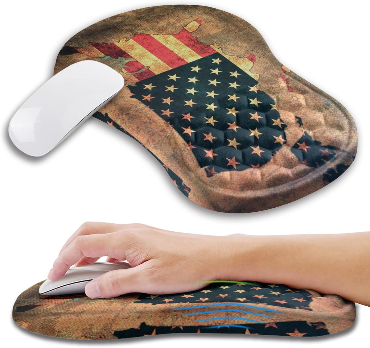 Ergonomic Mouse Pad Wrist Support with Memory Foam Massage Bulge, Carpal Tunnel Pain Relief Mousepad Wrist Rest for Mouse(12x8 inch, USA Flag Map)