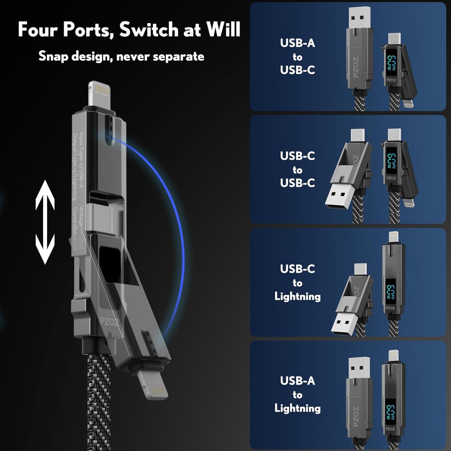 pzoz 4-in-1 USB C Fast Charging Cable with LED Display, Multi USBC Charger Combo Lightning/Type C/USB A Metal Ports for iPhone 16/15/14 Pro Max iPad MacBook AirPods Pro Samsung Google (60W, 5 ft)