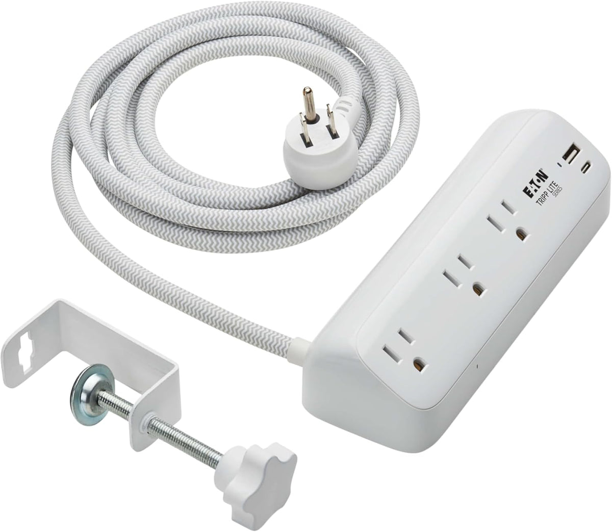 Eaton Tripp Lite Series Desk Clamp Power Strip Surge Protector, 3-Outlets, USB-A & USB-C Charging Ports, 900 Joules, 8ft Braided Flat Extension Cord, Lifetime Manufacturer's Warranty (TLP308U20CLAMP)