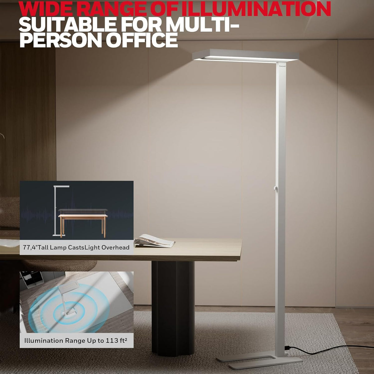 Honeywell LED Floor Lamp Modern - 02E Sunturalux Eye Caring Standing Light, 6000LM 60W 4000K Natural Daylight Dimmable Reading Tall Lampara for Home Office Living Room Bedroom