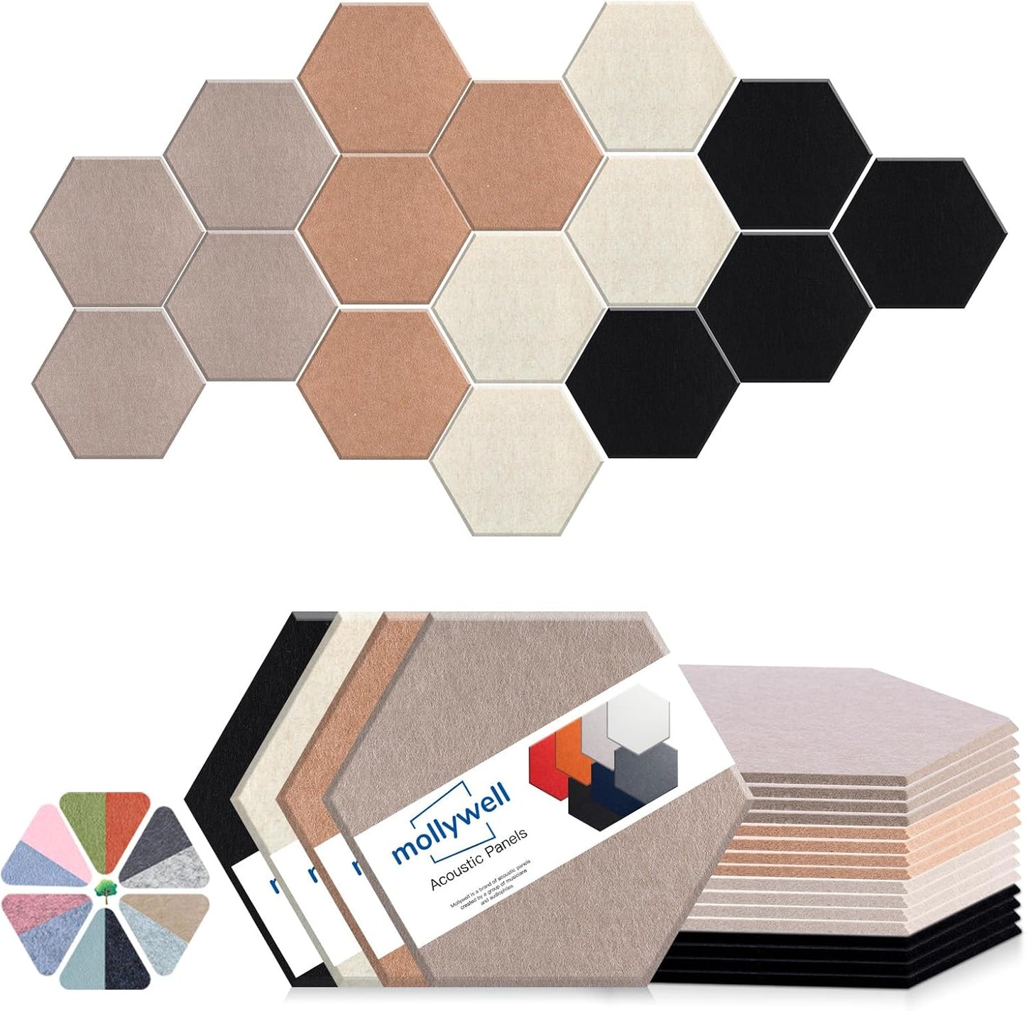 Mollywell Hexagon Acoustic Panels, High Density, Soundproofing, Decorative Noise Reduction Felt Wall Tiles for Studio, Home, Office (Deep Camel, Deep Brown, Black, Light Camel), 14x12x0.4 Inch