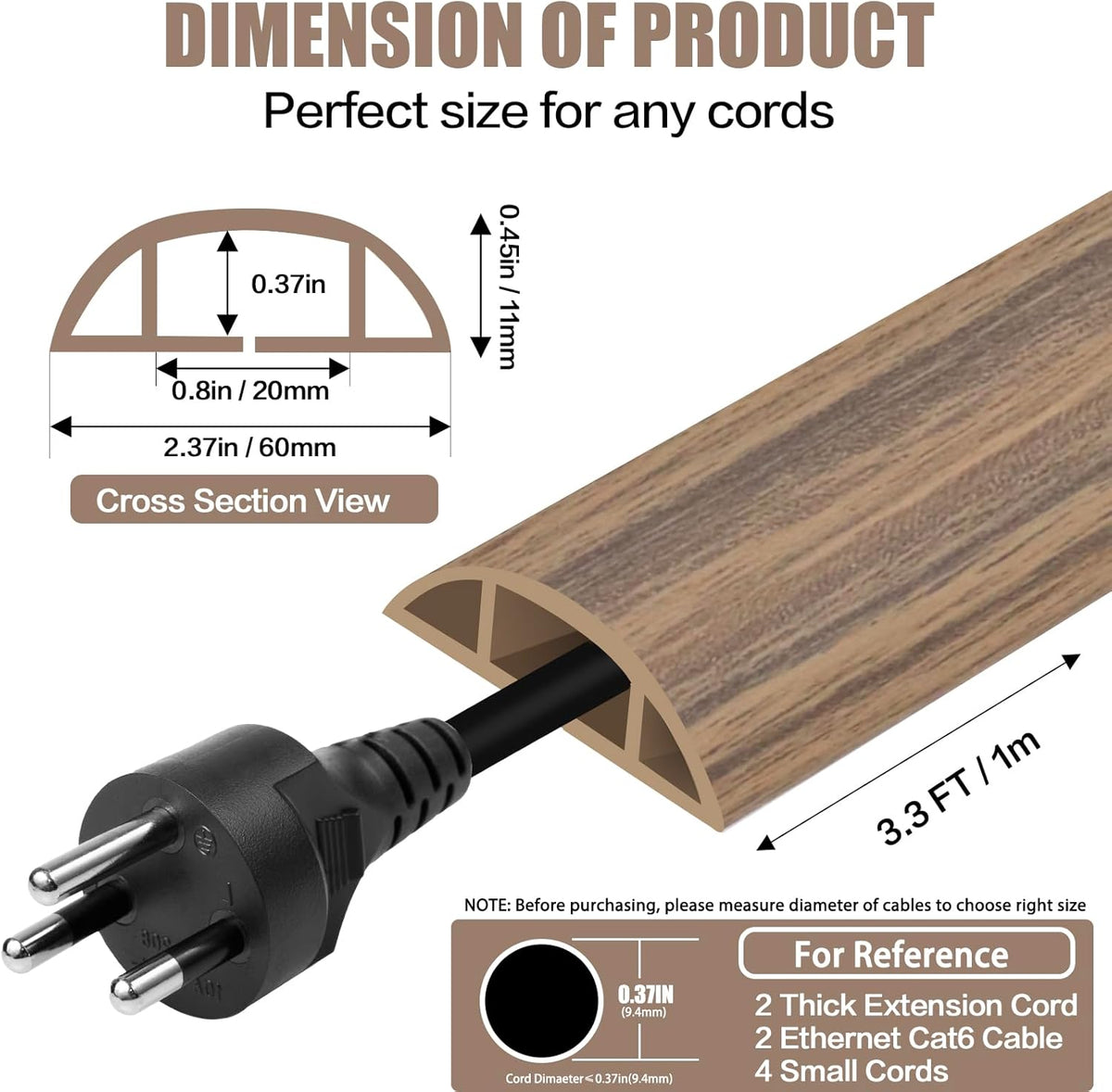 Floor Cord Cover Cavity 0.8"x0.37" Self Adhesive Cord Hider, 3.3FT Low Profile Cable Management, Extension Strip Protector for Wires, Prevent Cable Trips for Offices, Gyms,(Wood Smoked Brown)