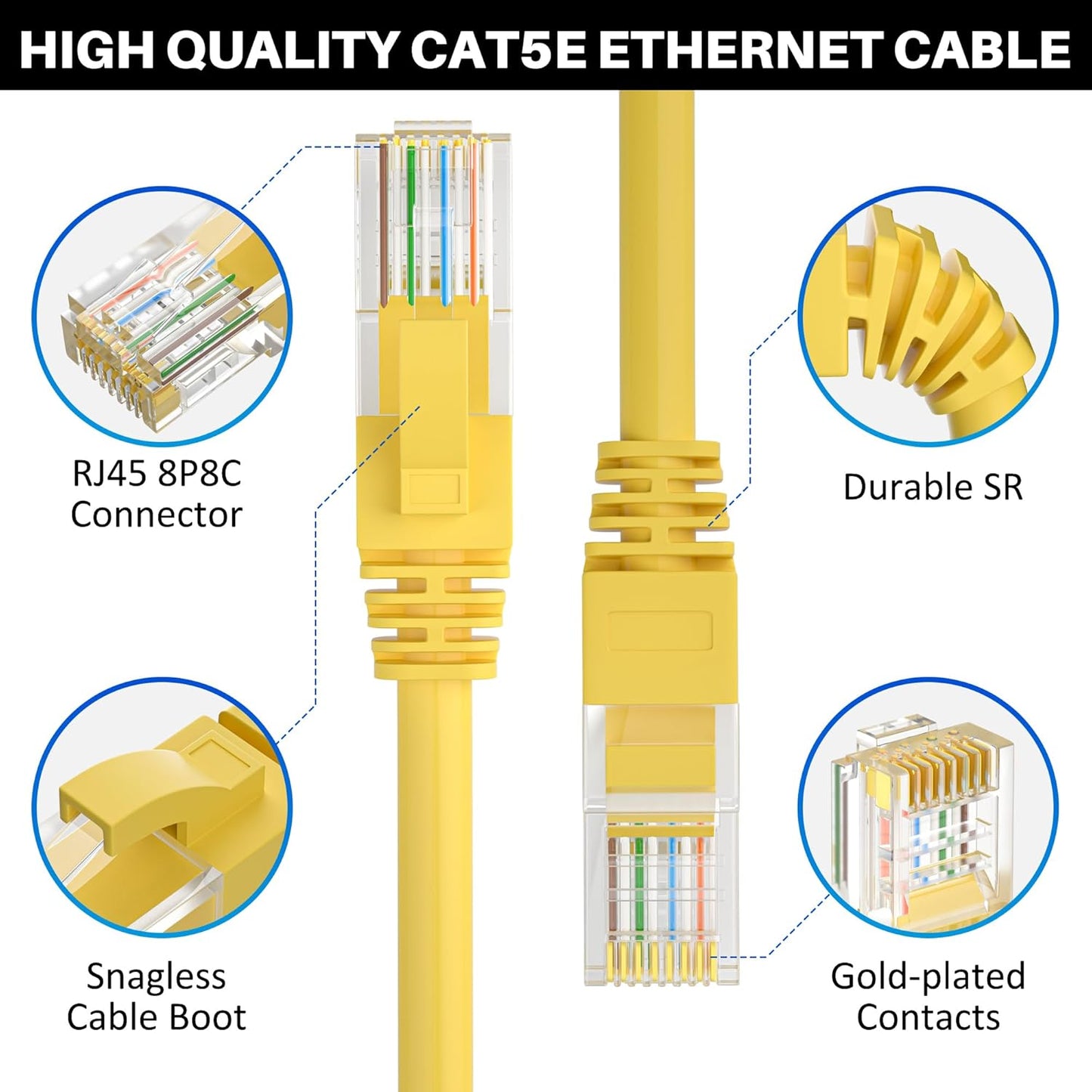 Cat5e Ethernet Cable 25 FT, Long Cat 5e Internet Cable, Yellow Snagless Patch Cord, Flexible, Network, LAN, PoE, Standard RJ45 Connector for PC, Server, Router, Modem, TV, PS5 - with 15 Cable Ties