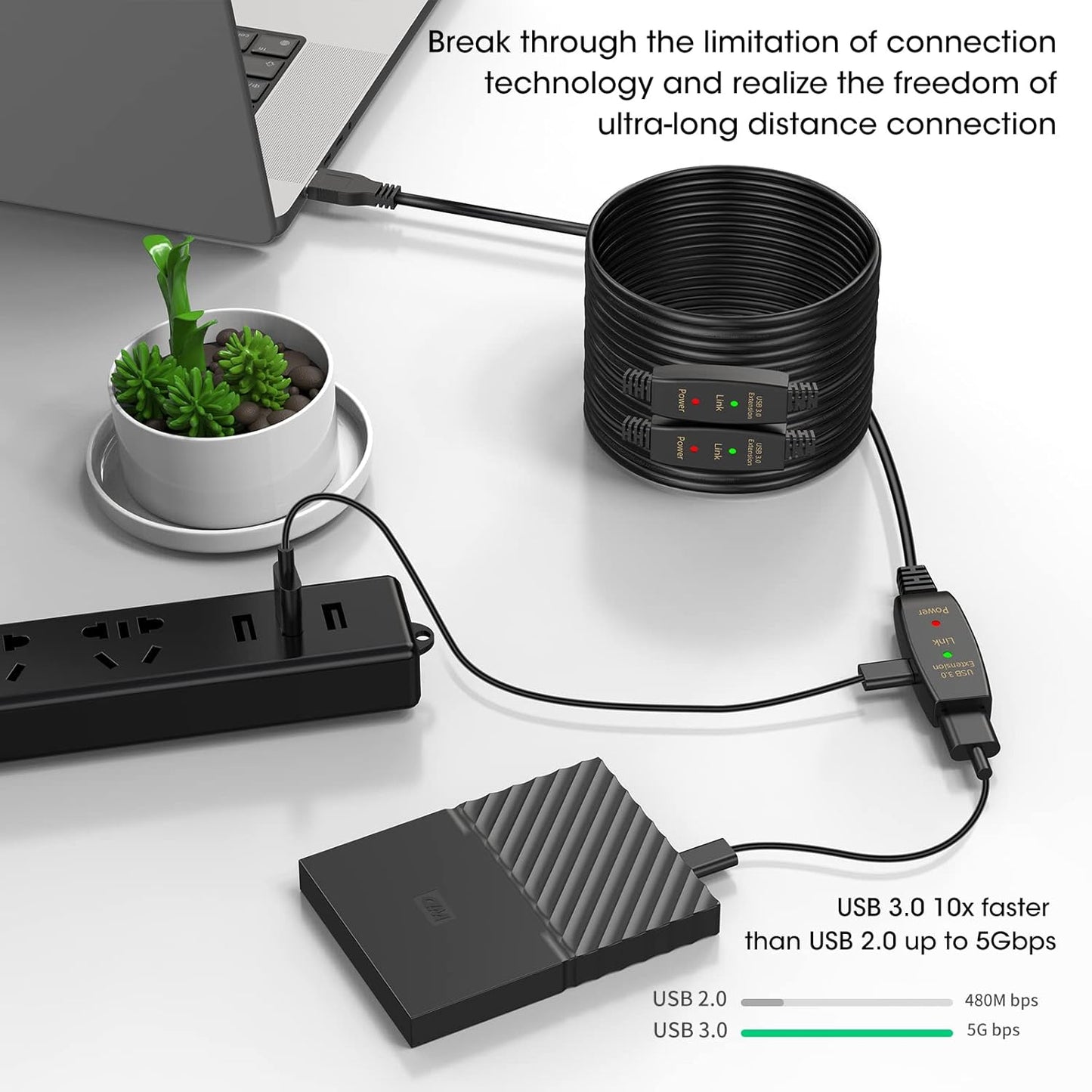 LDKCOK Active USB 3.0 Extension Cable 100ft– Male to Female Extender Cord, USB Extension Cable for USB Flash Drive, Card Reader, Hard Drive, Keyboard, PlayStation, Xbox, VR, Printer, Camera, Laptop