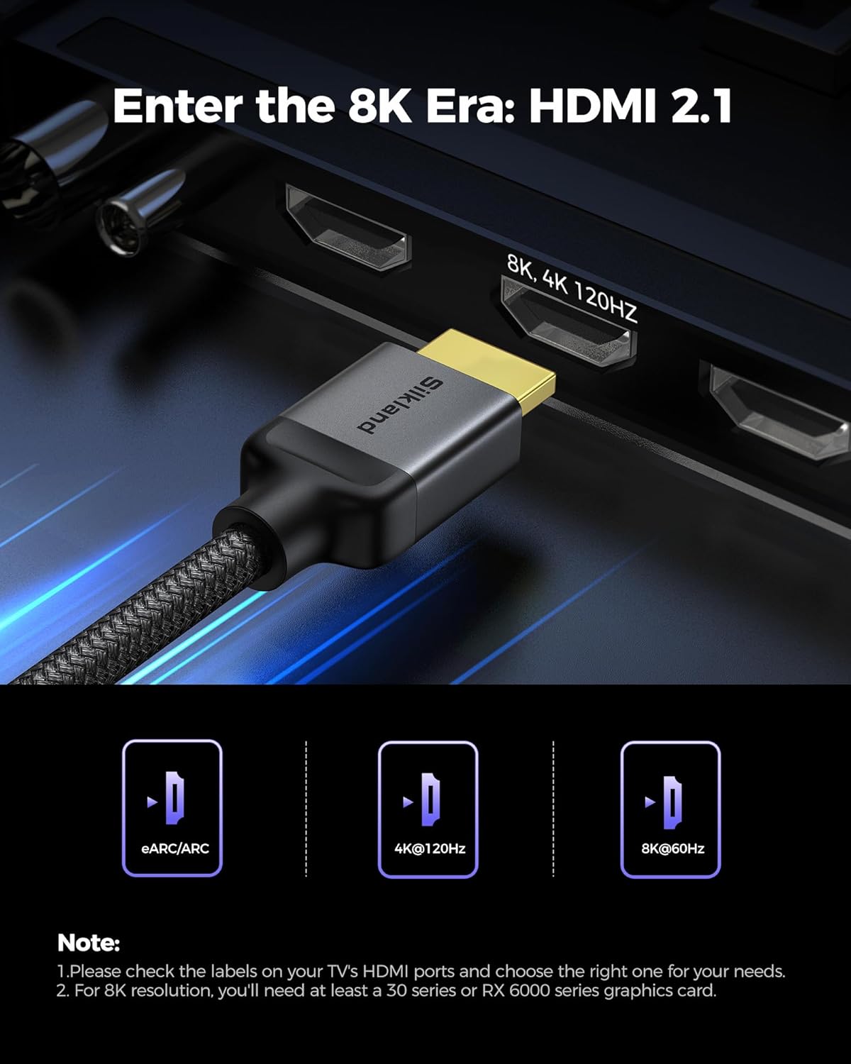Silkland Long 10K 8K HDMI 2.1 Cable 50ft, (Upgrade Braided) Ultra High Speed HDMI Cable [8K@60Hz, 4K@120Hz] 48Gbps, HDR 10+, eARC, ARC, HDCP 2.2/2.3, Compatible for PS5/Xbox/Soundbar/Roku TV