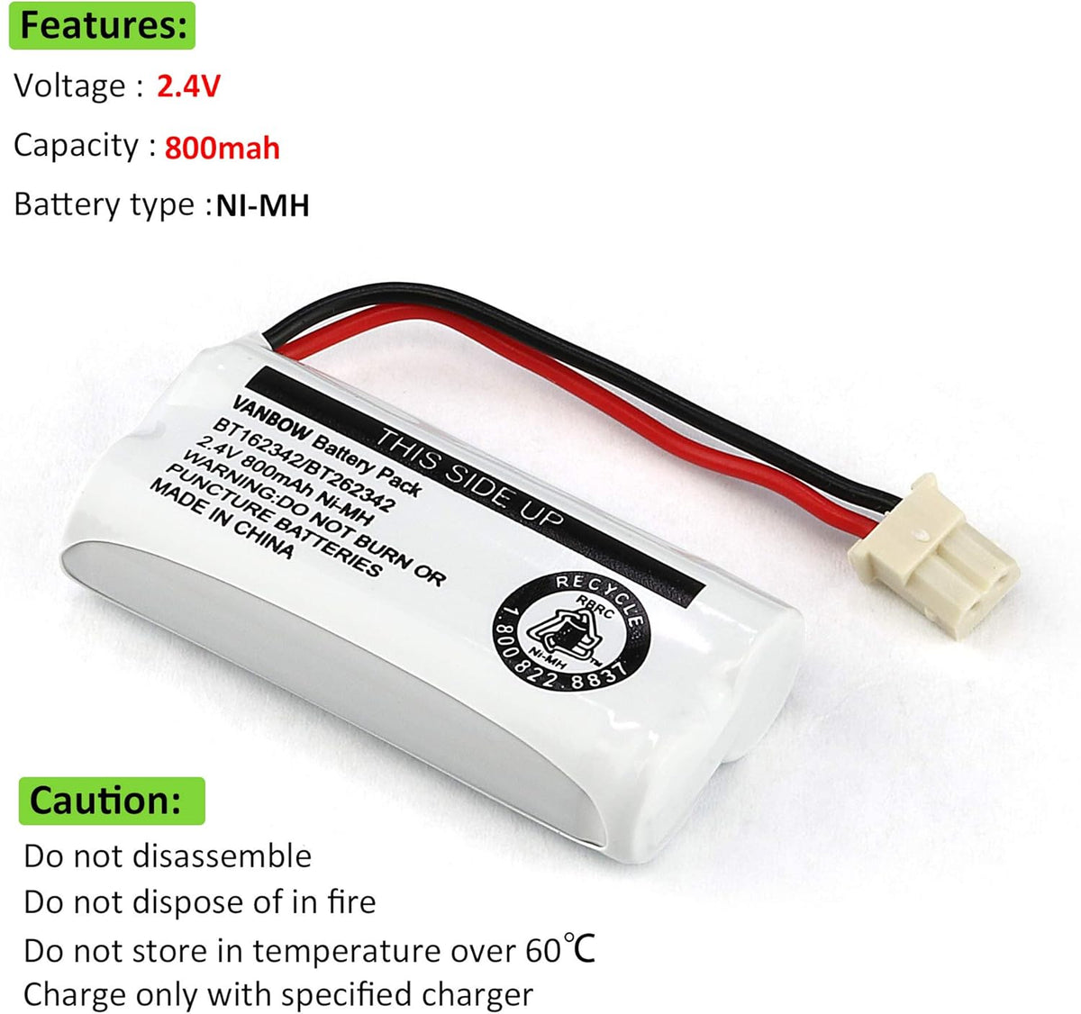 Battery BT162342 / BT262342 BT183342/BT283342 BT166342/BT266342 2.4v 800Mah Battery Pack for VTech CS6114 CS6419 CS6719 AT&T EL52300 CL80112 VTech CS6719-2 Cordless Handsets (Pack 4)