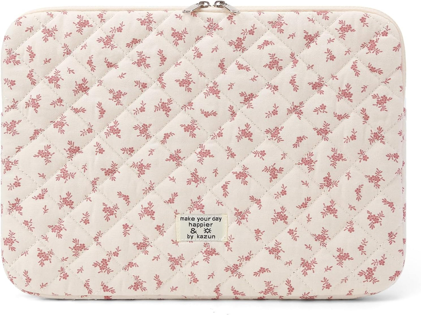 Puffy Laptop Sleeve 13-15.6 Inch Cute Quilted Laptop Protective Case Padded Floral Computer Sleeve for MacBook (A-Pink, 15 Inch)