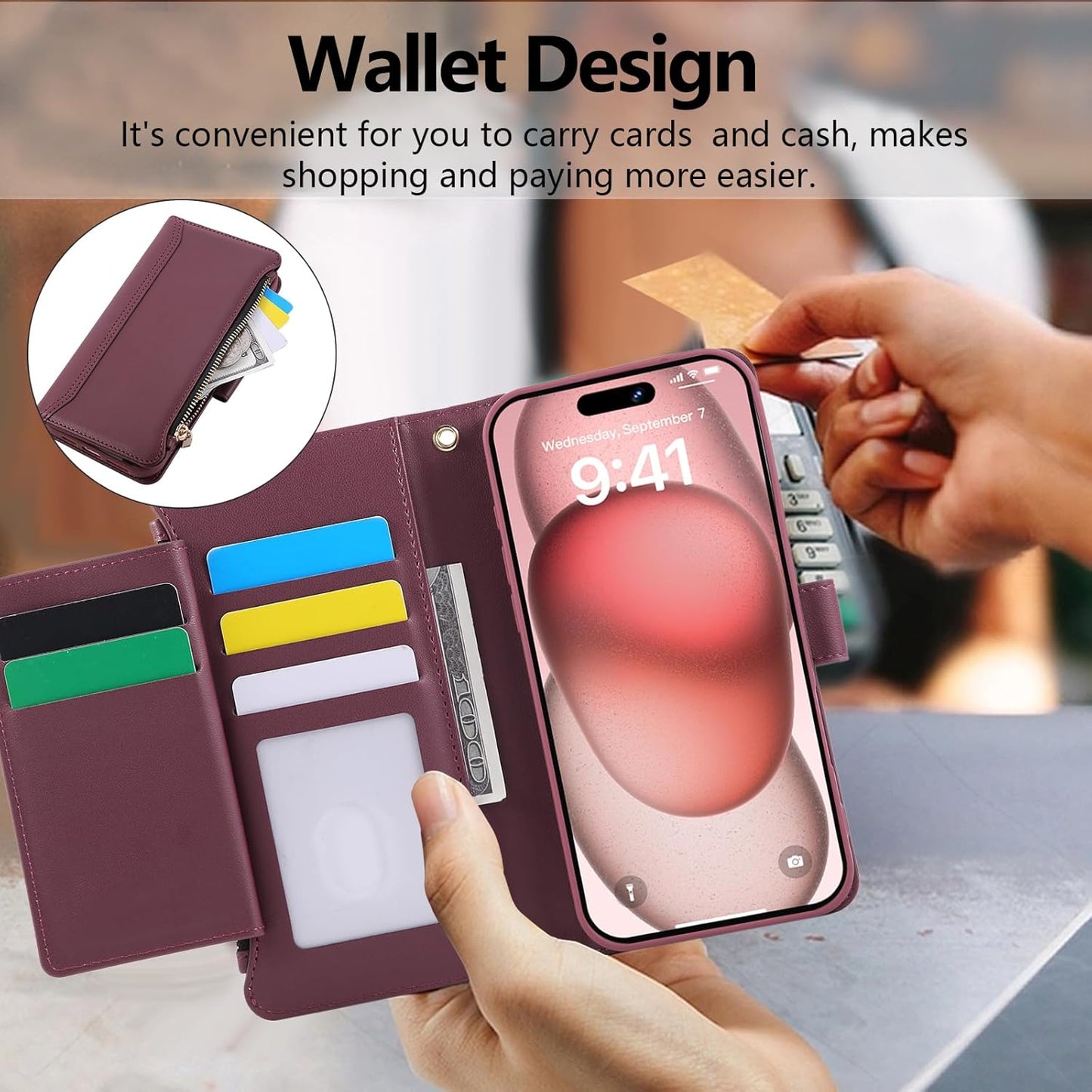 Compatible with iPhone 14 Pro Wallet Phone Case-PU Leather Magnetic Flip Cover with Credit Card Slots,Zipper Pocket & Detachable Wrist Strap,Shockproof Design,for Women and Men-Claret