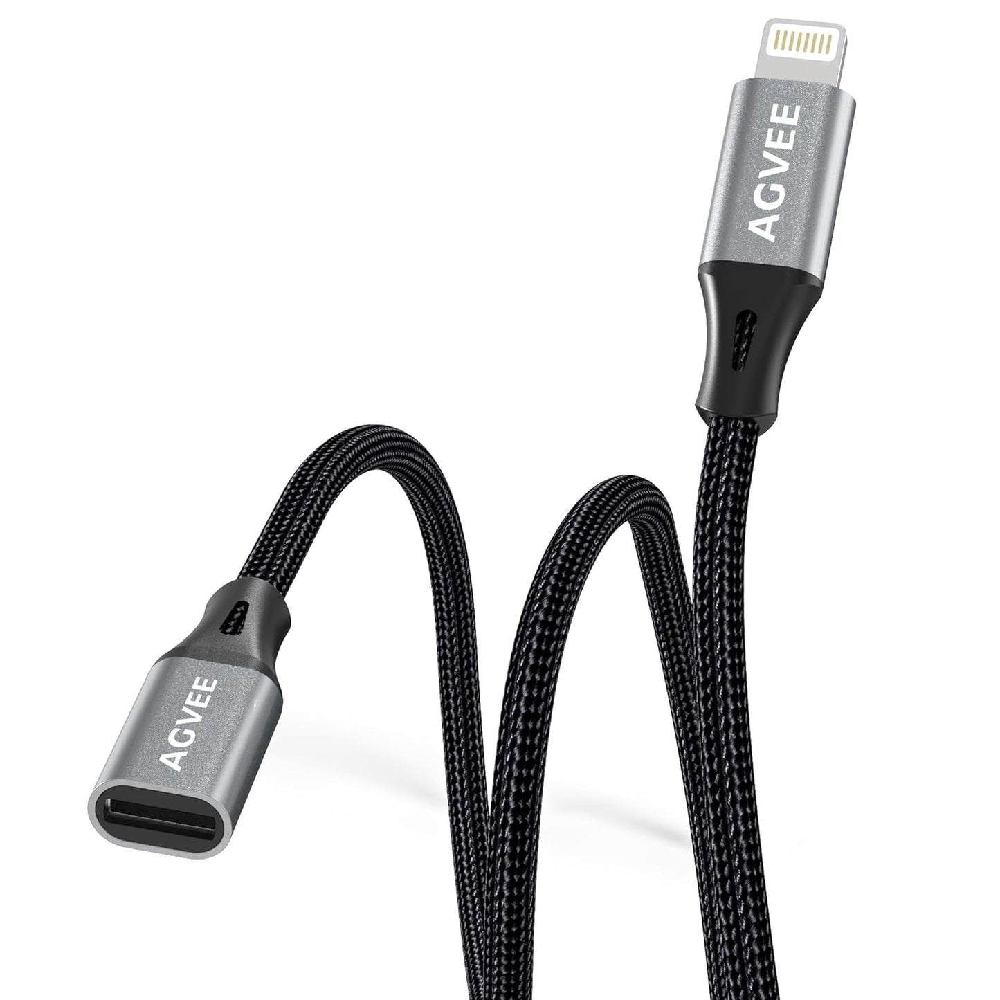 AGVEE 1ft Lightning Extension Cable, Braided Female to Male Extender Full Function Cord Compatible with iPhone iPad, Data Sync Video Audio & Charging Connector Adapter, Dark Gray