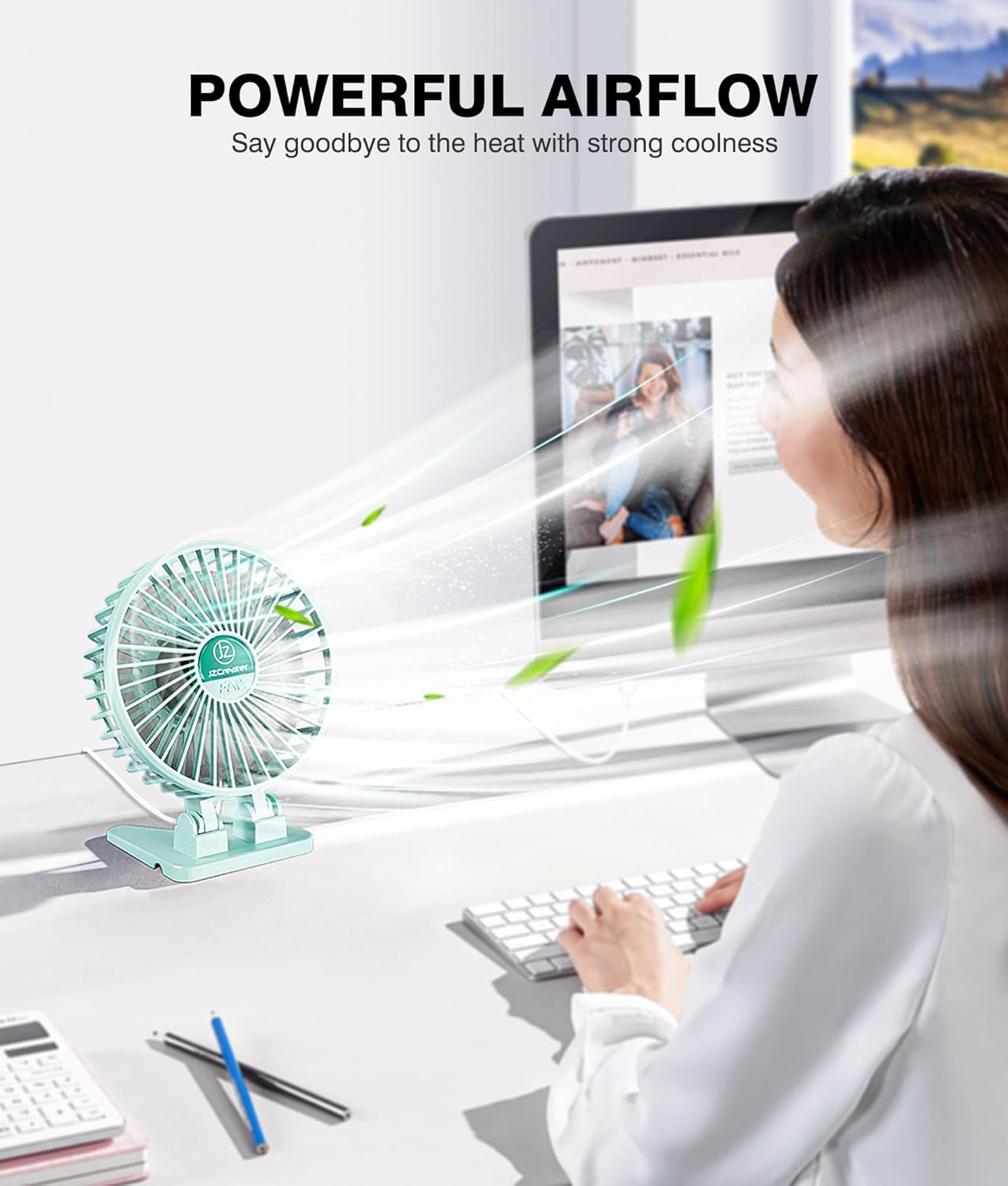 JZCreater USB Desk Fan, Mini Fan Portable, 3 Speeds Desktop Table Cooling Fan, Plug in Power Fan, Rotation Strong Wind, Quiet Personal Small Fan for Home Desktop Office Travel Bedroom, Apple Green