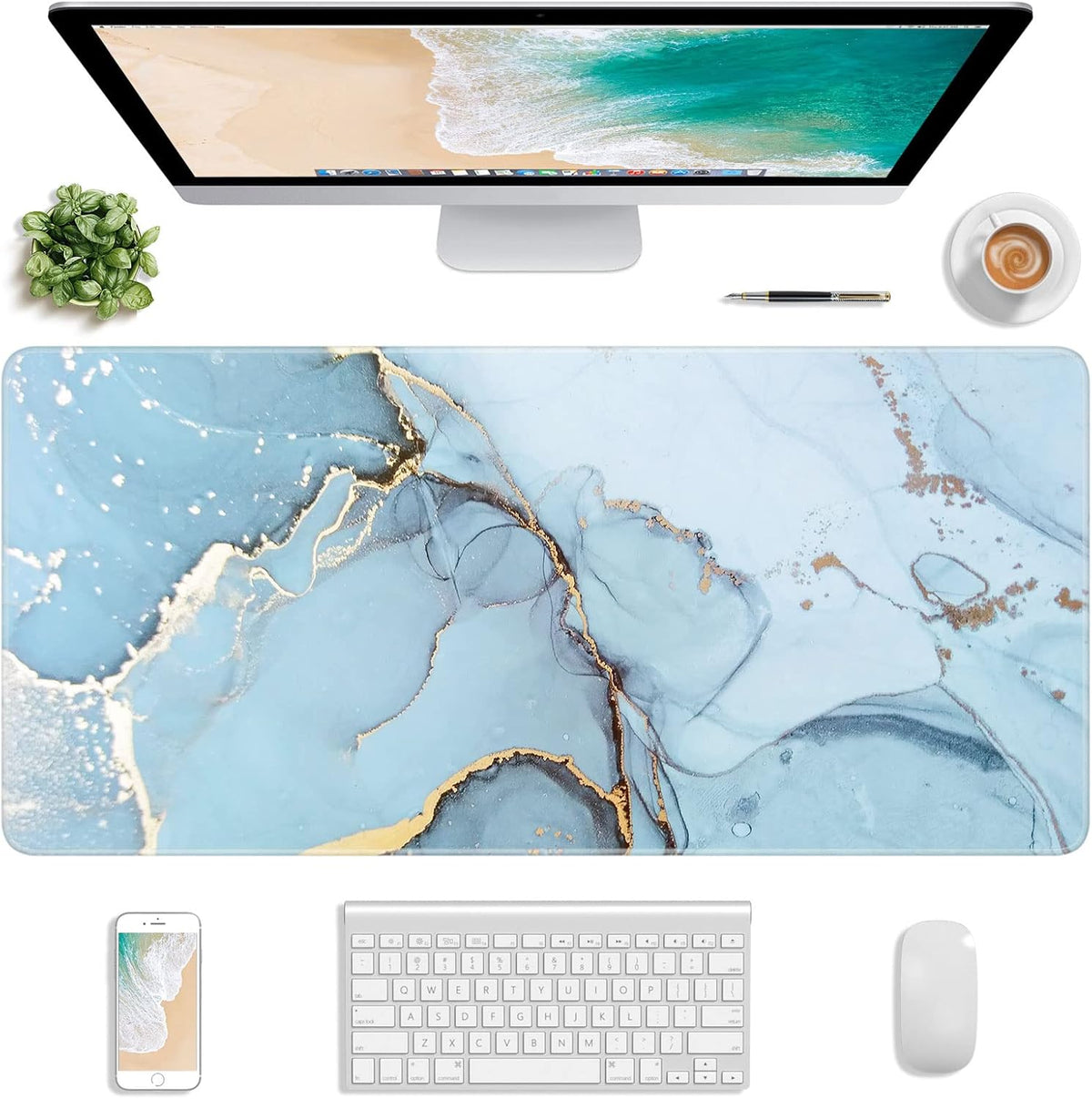 Extended Gaming Mouse Pad, XXL Large Desk Pad 30 x 14 Inch, Big Computer Keyboard Mousepad, Waterproof Mouse Mat with Stitched Edges and Non-Slip Base for Women Office Gaming, Blue Marble
