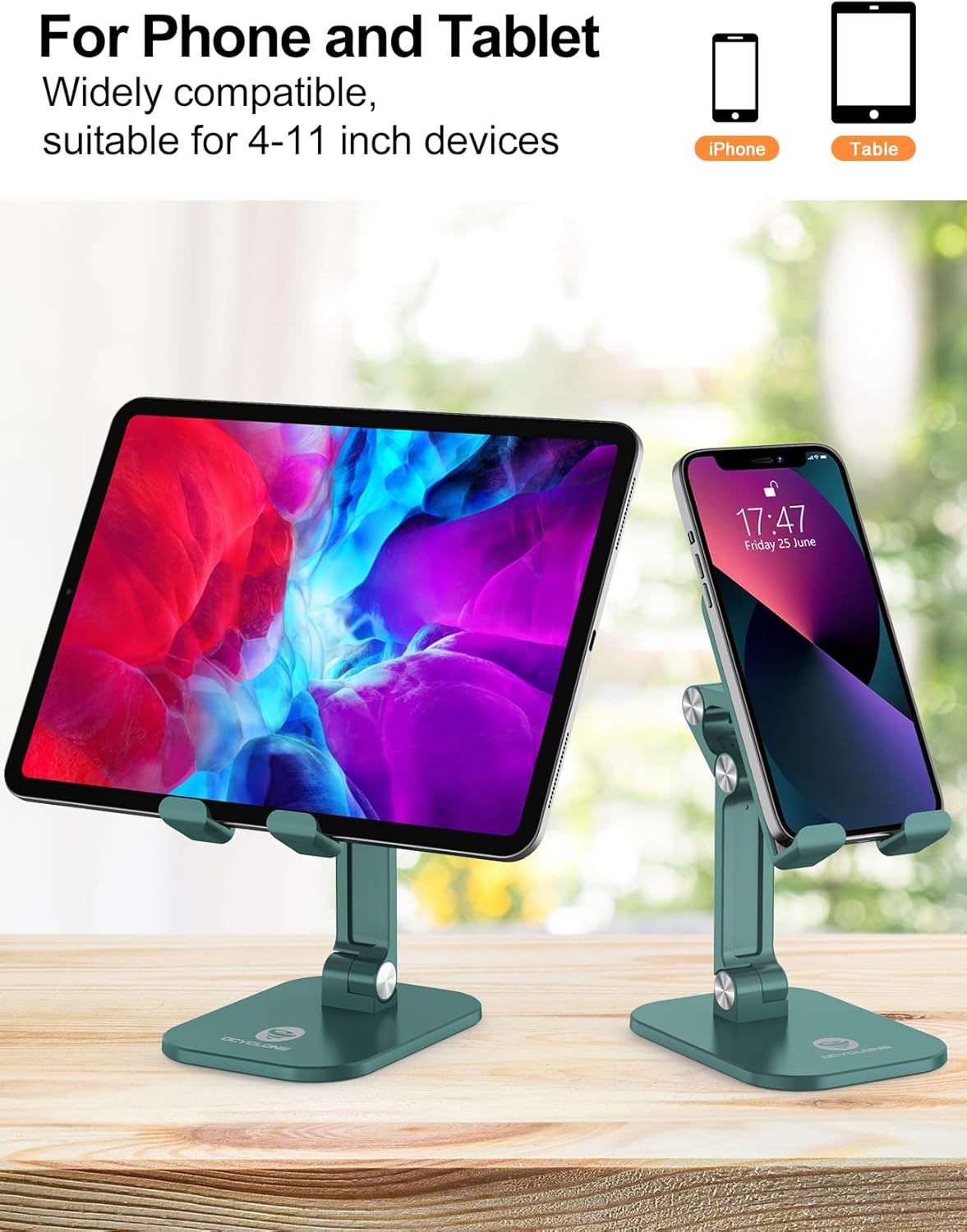 OCYCLONE Phone Stand, Adjustable Height and Angle Foldable Cell Phone Stand Holder for Desk, Taller iPhone Stand Compatible with 4.7"-13" Smartphones iPad Tablet, Green