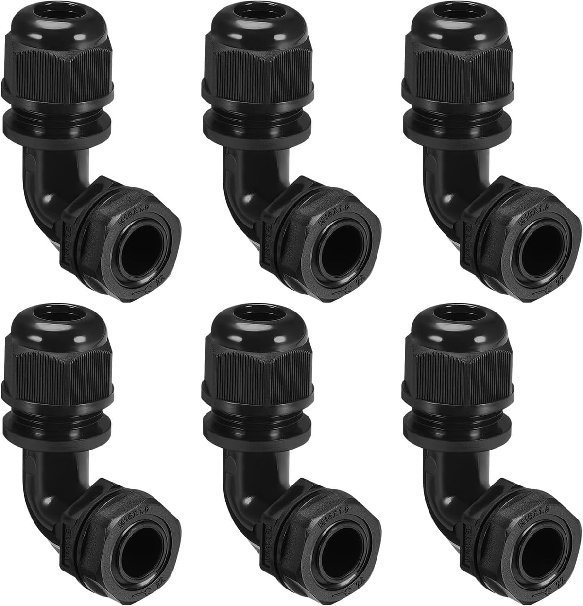 LeMotech M20 Cable Gland, 90 Degree Adjustable 9-14mm Strain Relief, Cord Connectors Nylon Joints with Gaskets, 6 Pcs, Black