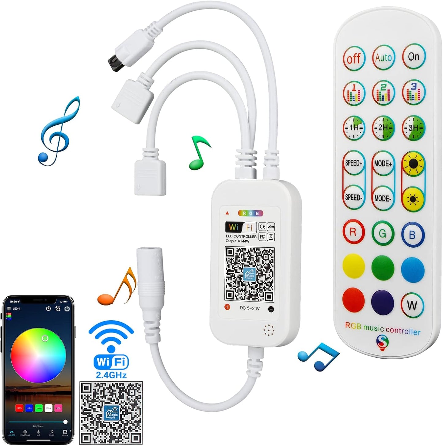 RGBZONE 2.4GHz WiFi LED Controller, IR Wireless Remote Control, 2-Ports Smart 4-PIN RGB LED Controller, Music Sync, for SMD 5050 3528 LED Light Strips(2 Ports)