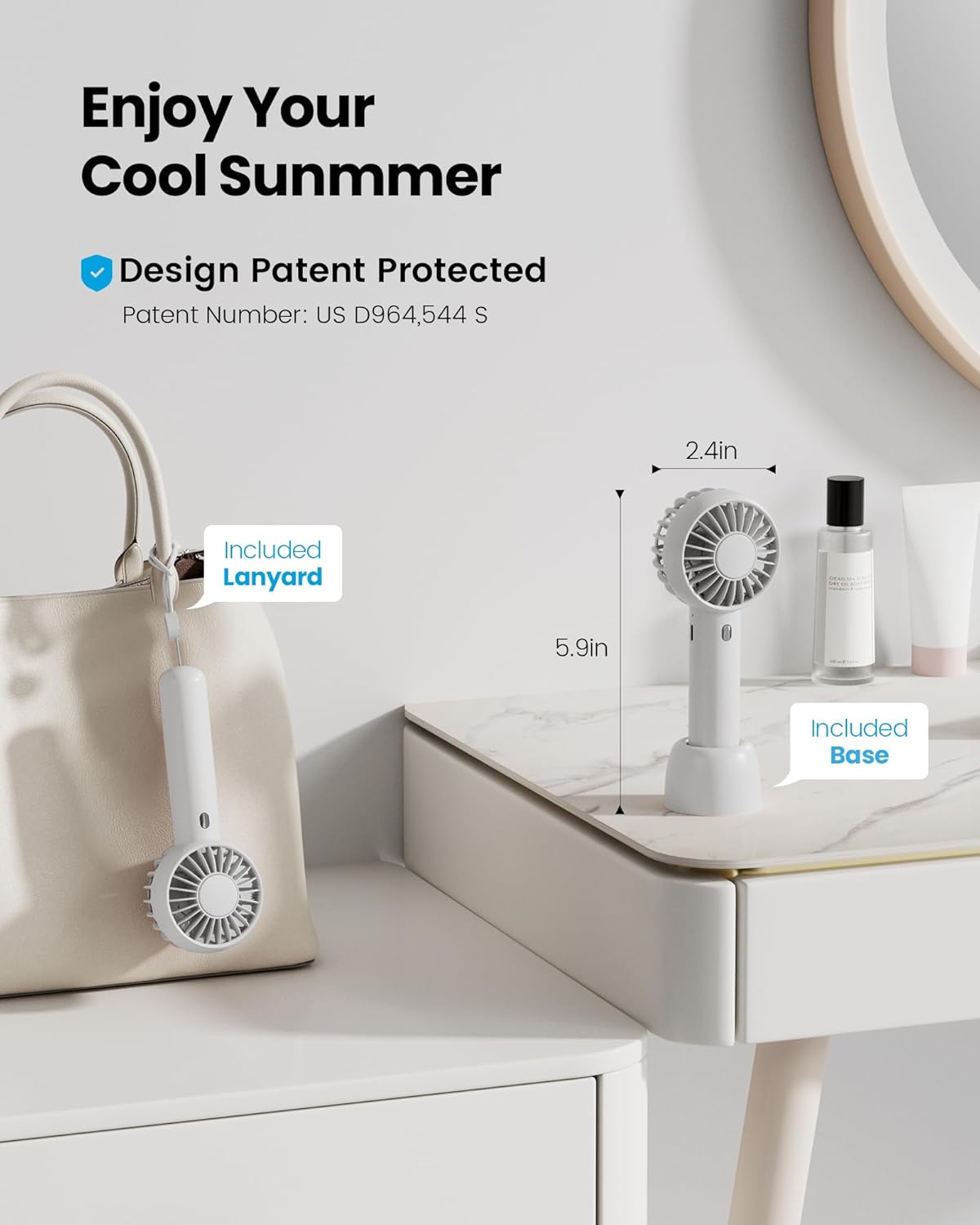 Gaiatop Mini Portable Fan, Small and Powerful, Cute Design 3 Speed Personal Handheld fan and Desktop with Base, Lightweight USB Rechargeable for Travel Lash Makeup Girl Women Summer Gift White