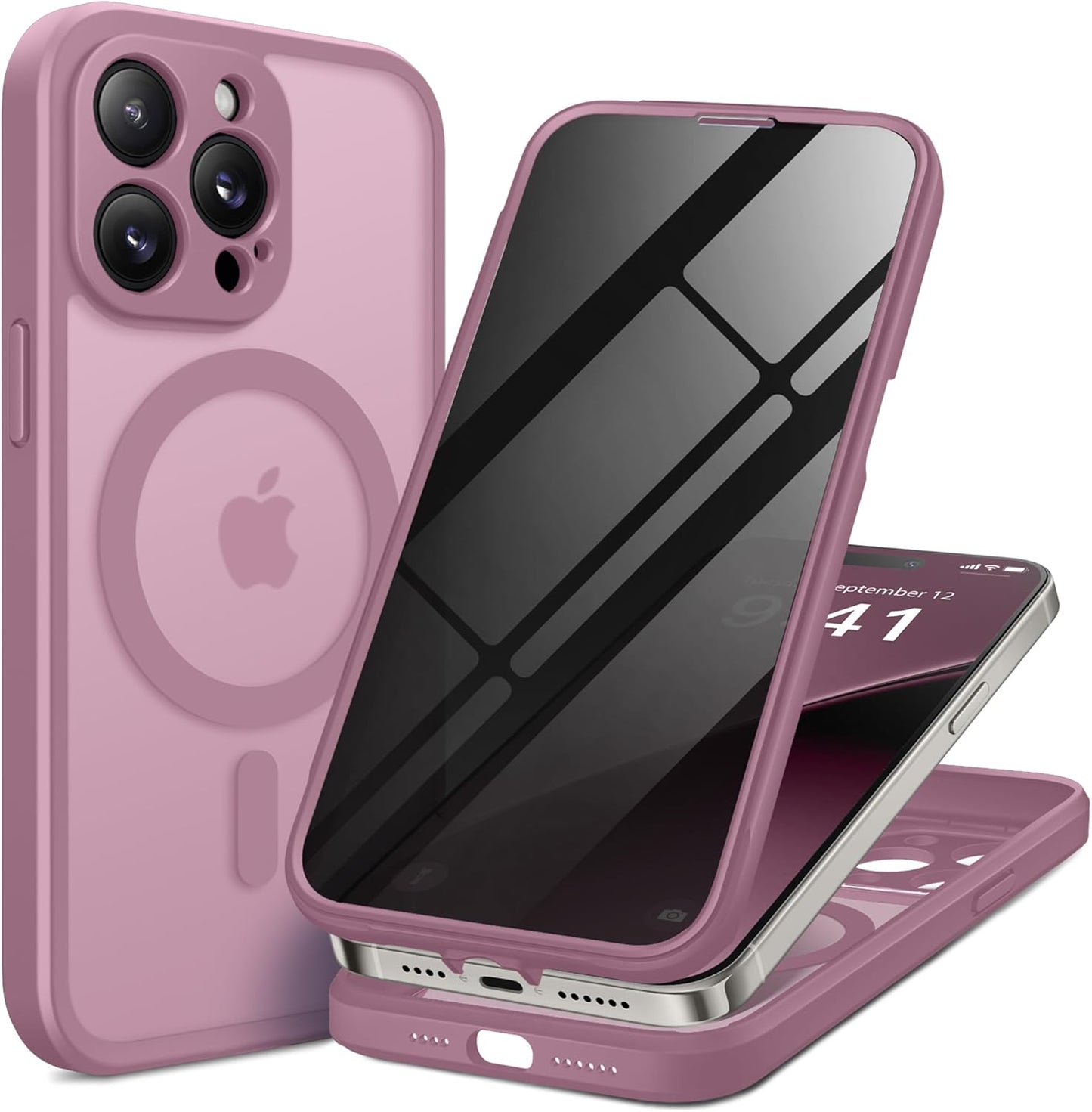 BERFY Magnetic for iPhone 14 Pro Max Case,Compatible with MagSafe,Built-in Privacy Screen Protector and Upgraded Camera Protection,Anti-Spy Full Body Shockproof Phone Case for 14 Pro Max,Palevioletred