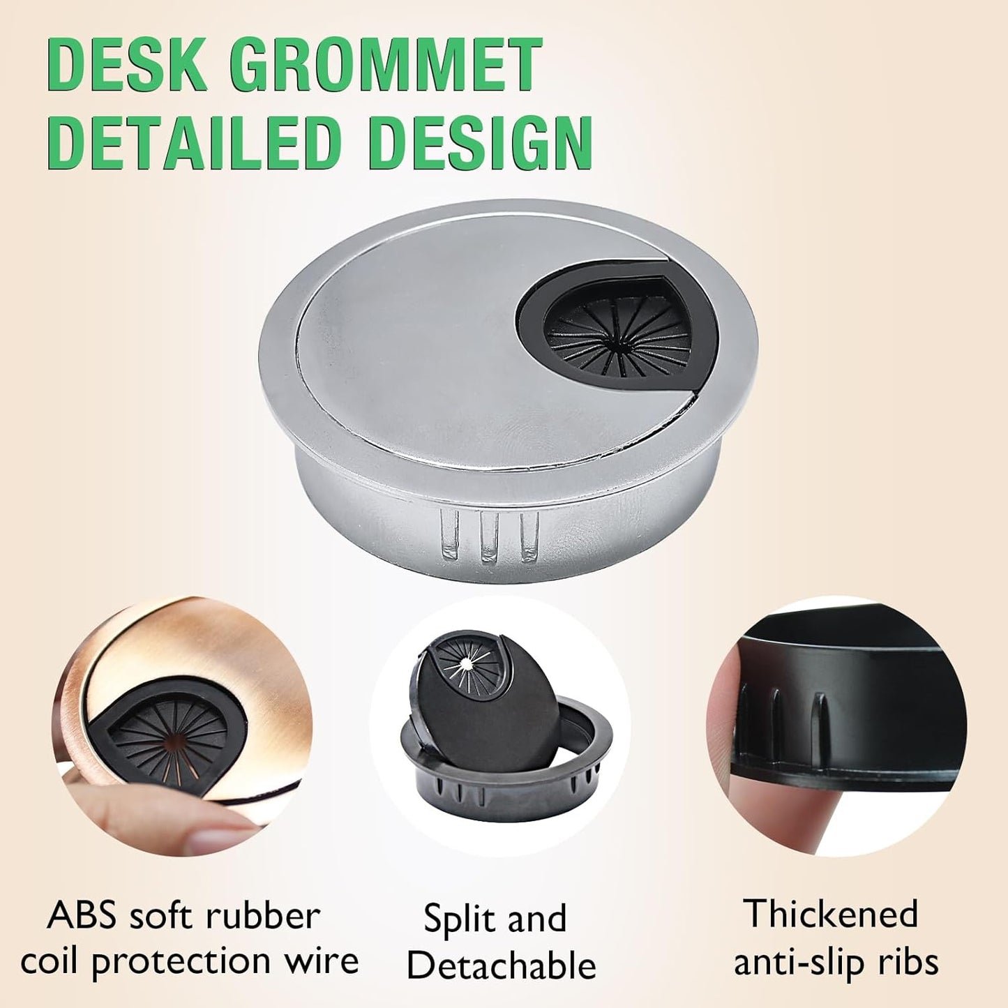 2 Pcs Desk Grommet 2-1/16" / 53 mm, Desk Cord Hole Cover, Cable Grommet Metal Zinc Alloy Materilal, Desk Hole Grommet for Home & Office Pc, Detachable Cable Cord Organizer-Brushed Silver