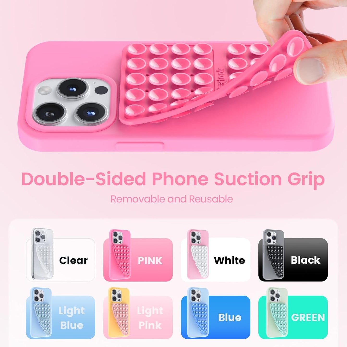 Klearlook 4Pack Silicone Suction Cup Phone Case Mount Double Sided, Sticky Phone Grip for Cell Phone, Hands-Free Phone Accessories for Selfies and Videos, Clear & Light Pink & Light Blue & Lavender