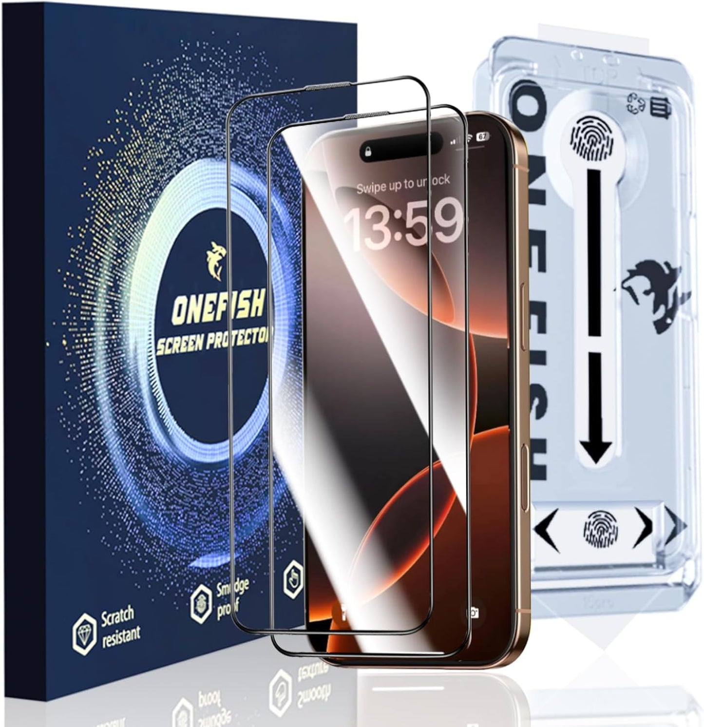 OneFish Full Edge Coverage Tempered Glass Screen Protector for IPhone 15/IPhone 14 Pro 6.1 inch, 2 Pack Edge Reinforcement, Self-Aligning Installation, Case Friendly HD Screen Protectors