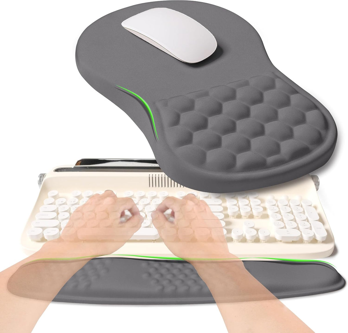 2-in-1 Ergonomic Set, Wave Rise Keyboard Wrist Rest and Massage Bulge Slope Mouse Pad Wrist Support, Cushion Memory Foam Integrated to Relieve Wrist Pain, Deep Gray