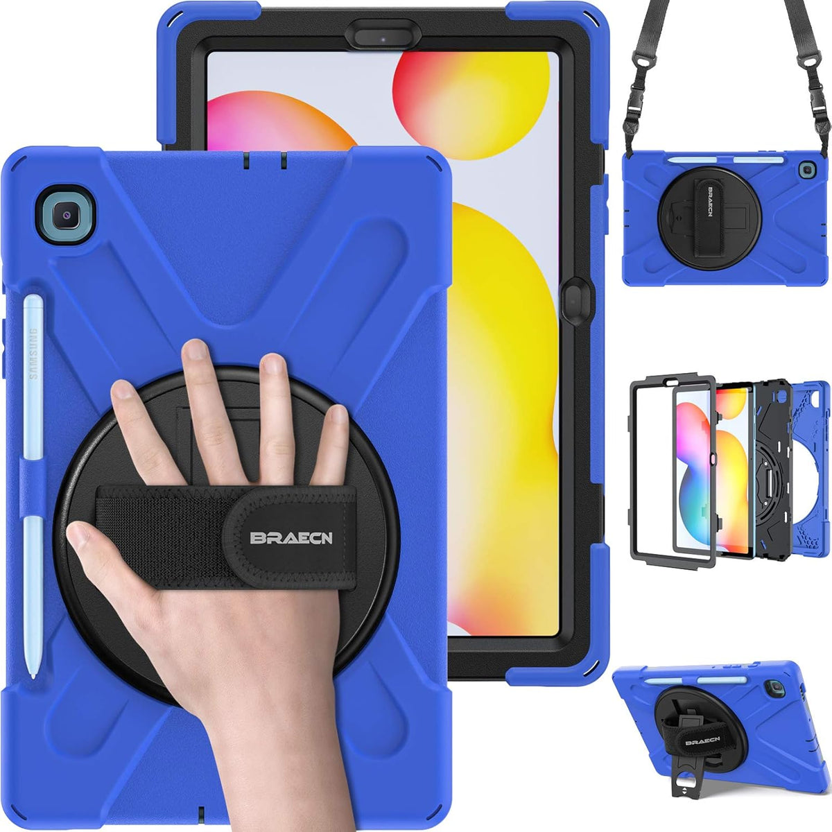 BRAECN for Samsung Galaxy Tab S6 Lite 10.4 Case 2024, Rugged Protective Case with Rotating Kickstand, Carrying Shoulder Strap, Handle Hand Strap, S Pen Holder for Galaxy Tab S6 Lite 10.4”2022-Blue