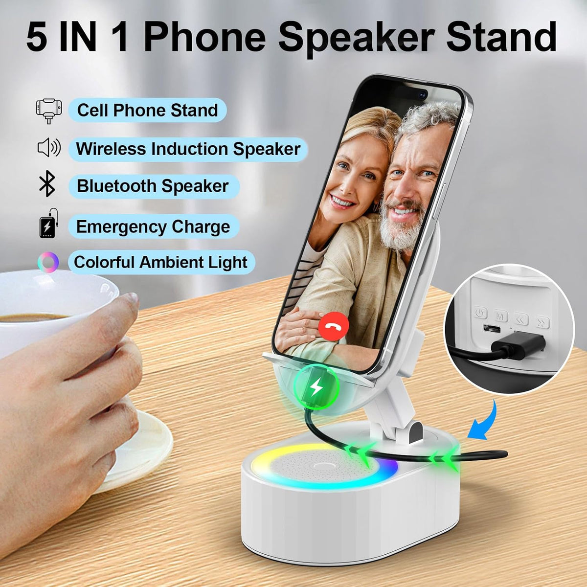 Wireless Induction Audio Bluetooth Speaker 5in1 Phone Holder Emergency Rechargeable (3000mAh) with Colorful Ambient Light 300° Foldable for Tablet iPhone Android, Gifts for Men Women (White)