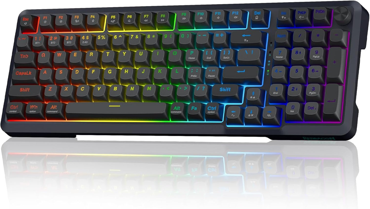Redragon Wireless Mechanical Keyboard, 3 Mode Gasket Mounted RGB Gaming Keyboard with Volume Knob, Pre-Lubed Linear Switches, MDA-Profile, 98 Keys Hot Swappable Creamy Keyboard for PC/Tablet/Xbox/PS4