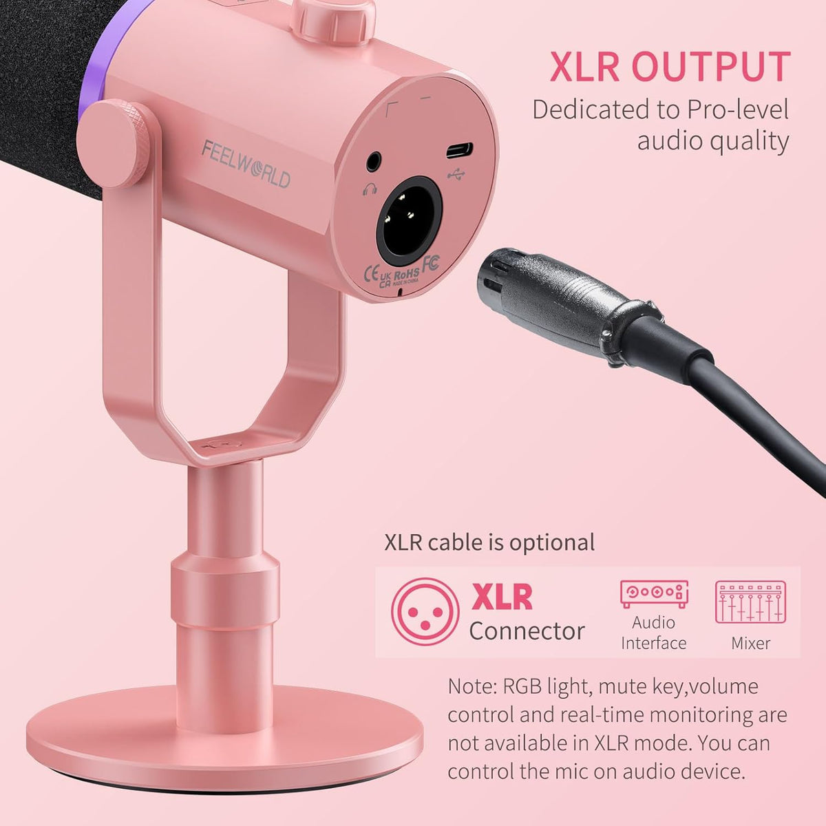 FEELWORLD PM1 XLR USB Dynamic Microphone with Desktop Stand Gifts for Podcast Recording PC Computer Gaming Streaming Vocal Voice-Over, Studio Metal Mic, RGB Light, Mute Button, Headphones Jack (Pink)