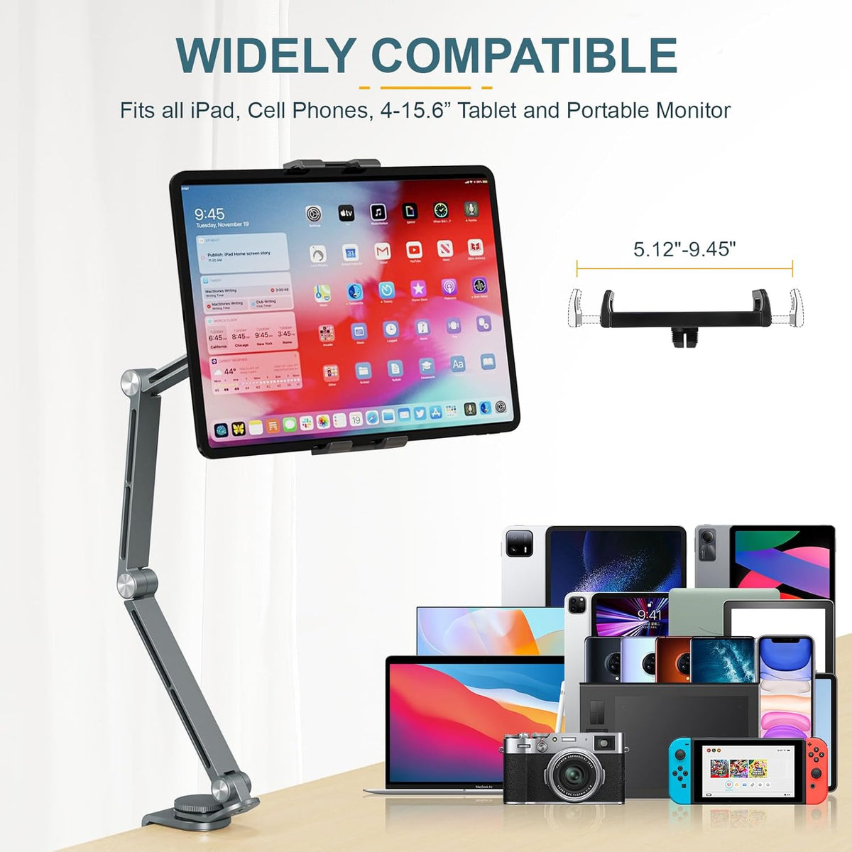 Tablet Stand Holder, Adjustable Foldable Tablet Arm iPad Desk Mount with 360°Rotate Base, Phone Holder iPad Stand for Desk and Bed, Compatible with Tablets, Phones or Other 4-15.6" Device