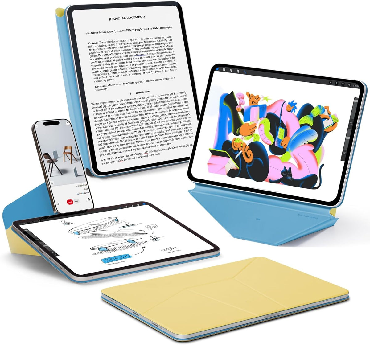 MOFT Dynamic Folio Case for iPad Pro 12.9 -inch (6th/5th/4th Generation, 2022/2021/2020), Silm Magnetic Stand Case with 20+ Viewing Angles, Auto Wake/Sleep, Ultra Thin, Panna Cotta x Faded Jeans