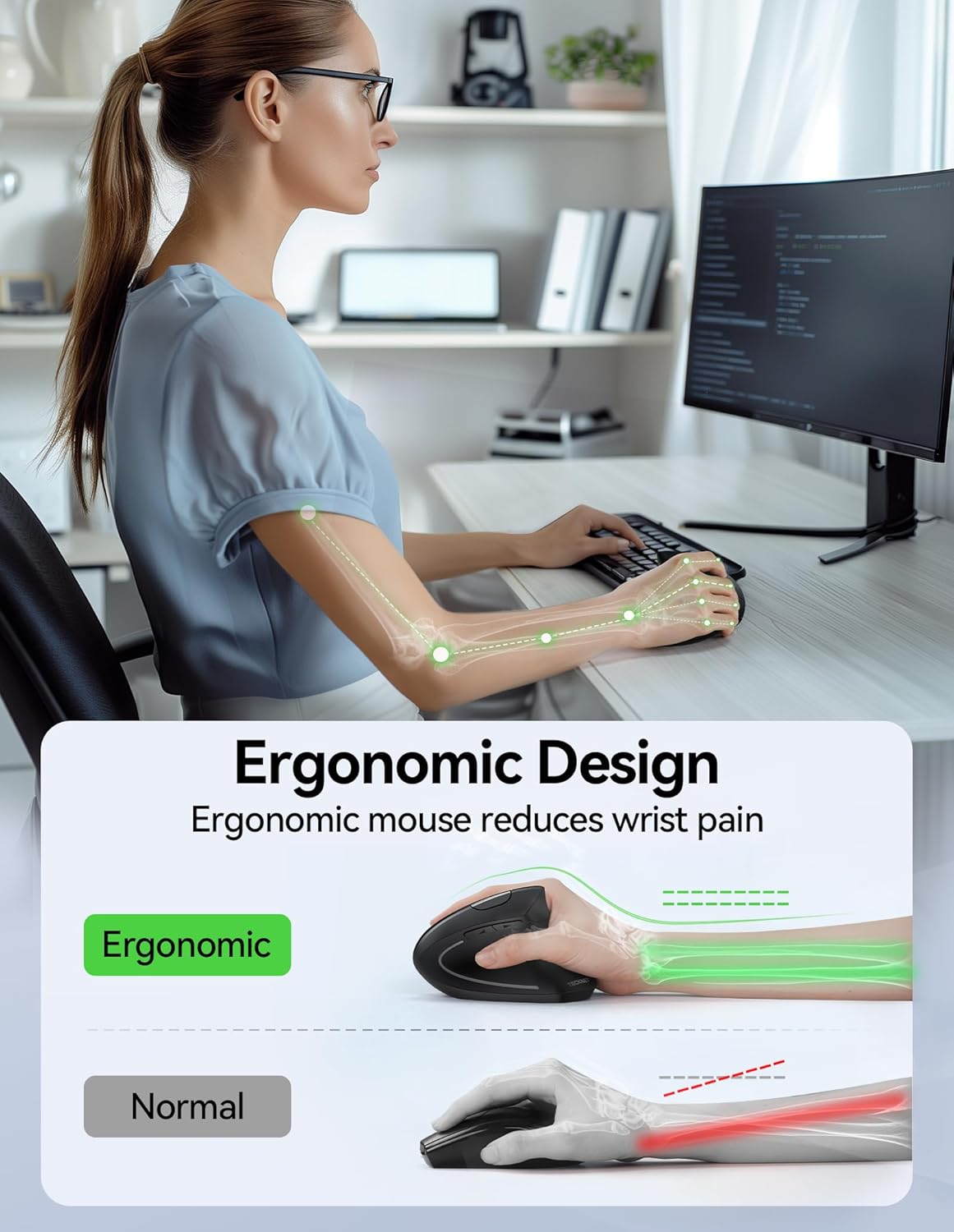 TECKNET Ergonomic Mouse Wireless, Rechargeable Mouse Wireless Silent for Carpal Tunnel Right Hand, 2.4GHz USB Vertical Mouse Wireless for Laptop, 5 Adjustable 4800 DPI, Computer, MacBook, Desktop
