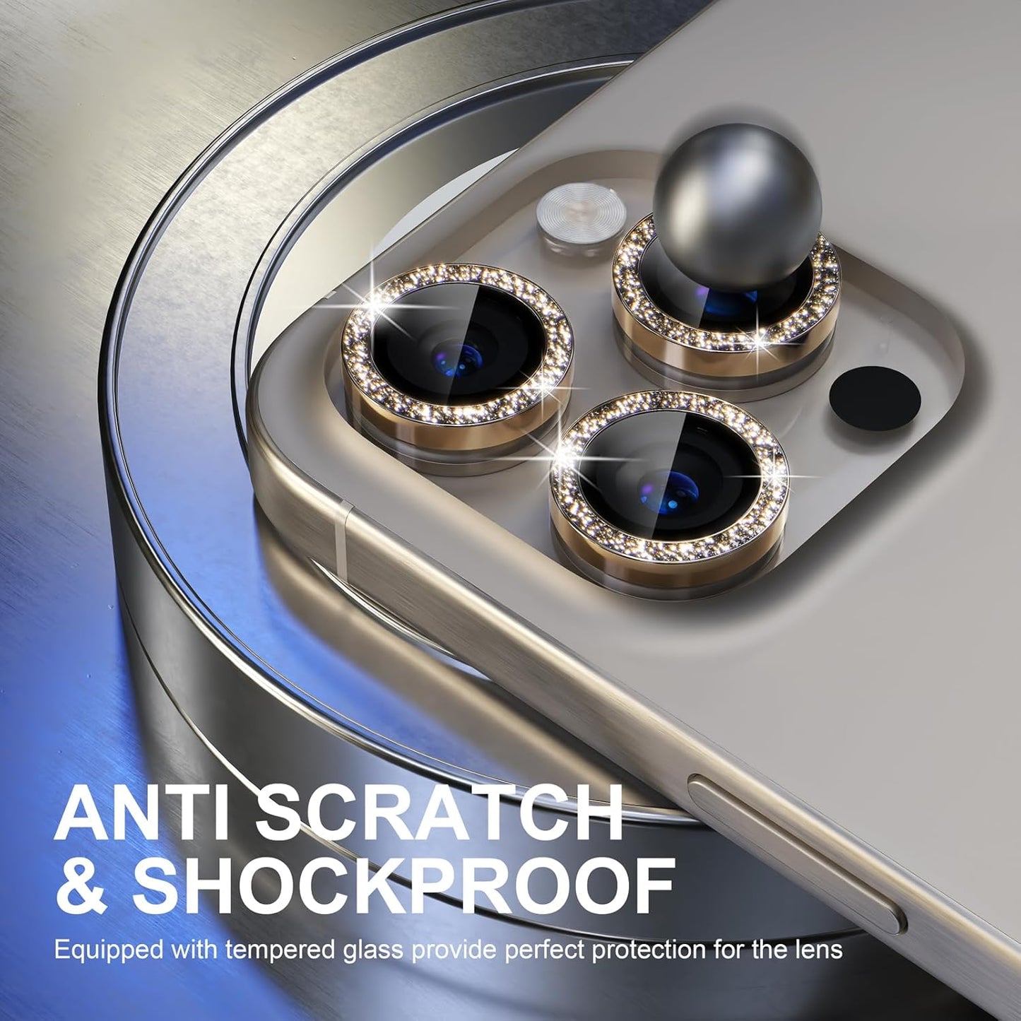 Choiche Compatible for iPhone 15 Pro/iPhone 15 Pro Max Camera Lens Protector Bling, 9H Tempered Glass Camera Cover Screen Protector Metal Ring Decoration Accessories (Glitter-Gold)