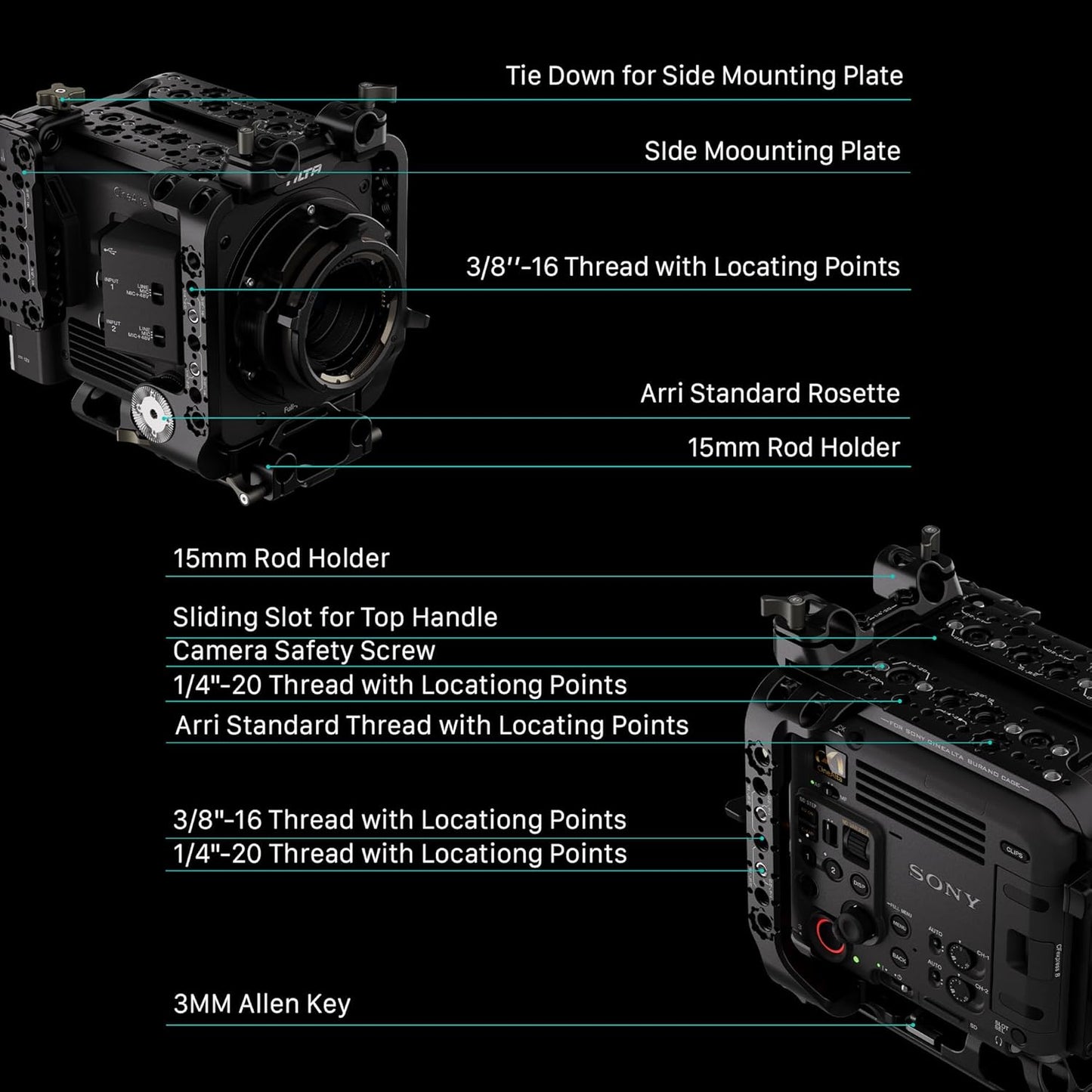 Tilta Camera Cage Compatible with Sony BURANO | Arri Rosettes, 1/4"-20 and 3/8"-16 Threads | w/Top Handle, Left/Right Side Arm, Battery Plate (Advanced Kit - V Mount)