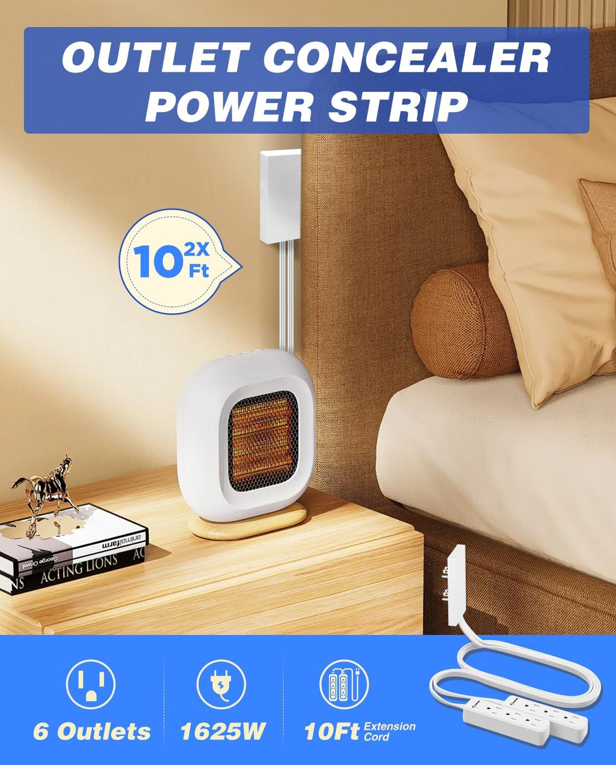 Saker Outlet Cover Extension Cord | 10ft Flat Extension Cord with 3 Outlets,1625W | Universal Size Outlet Concealer | Outlet Cover Baby Proofing for Kitchen, Home and Office(Dual 10ft)