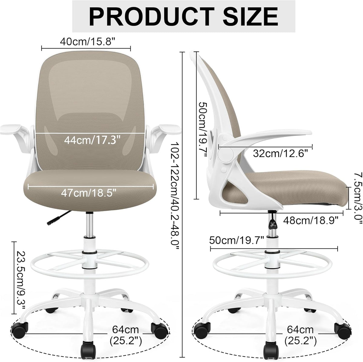 Drafting Chair Tall Office Chair with Flip-up Armrests, Adjustable Height, and Enhanced Lumbar Support - Ergonomic Rolling Stool, Back Support, and Adjustable Foot Rest Ring for Standing Desk Khaki