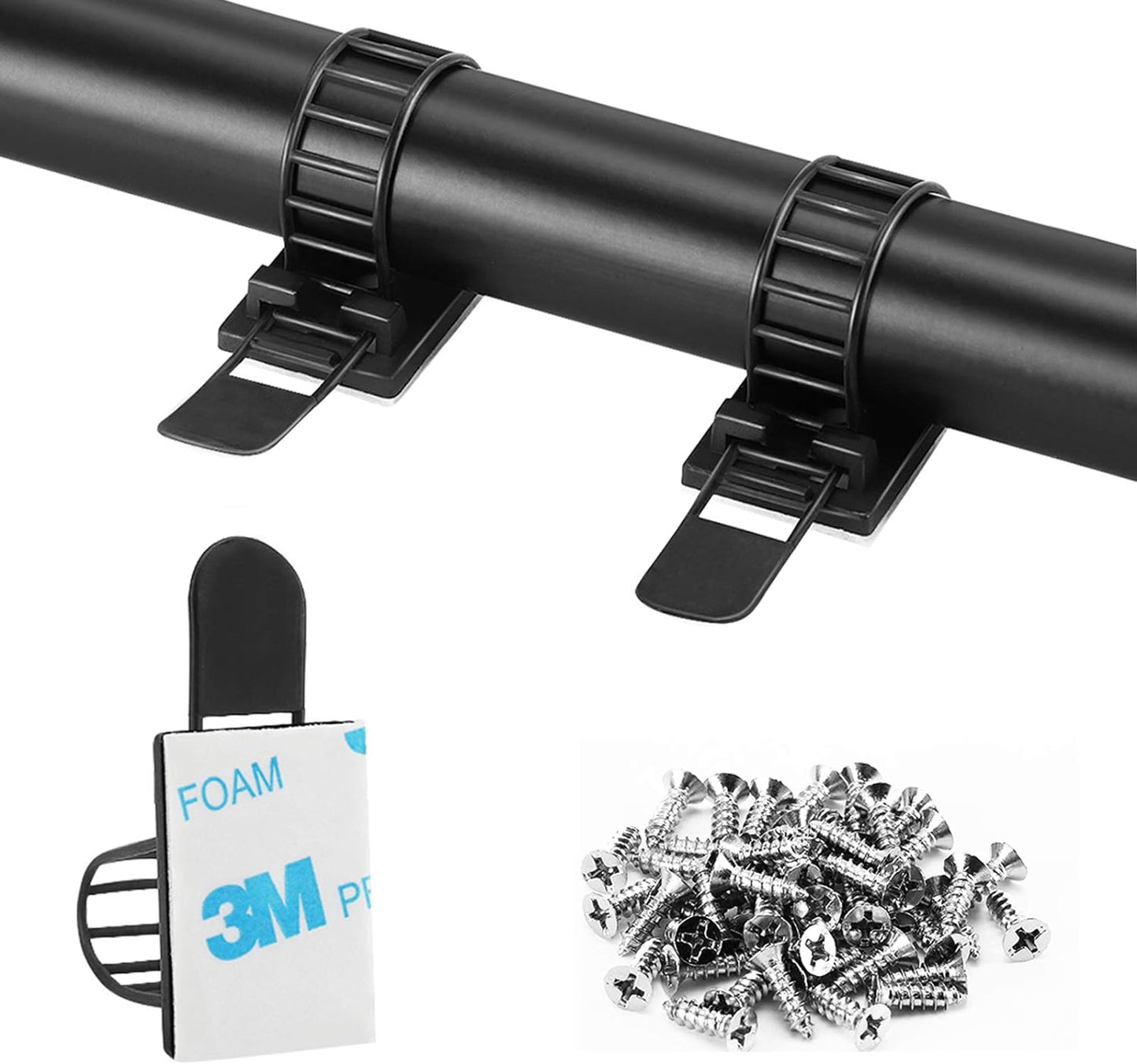 Adhesive Cable Management Clips, 100Pcs Adjustable Nylon Cable Strap Ties Wire Clips Clamps Organizer with Strong Adhesive Tape, Extra Screw & Hole for Strong Fixation Home Office - 3.35 Inch Black