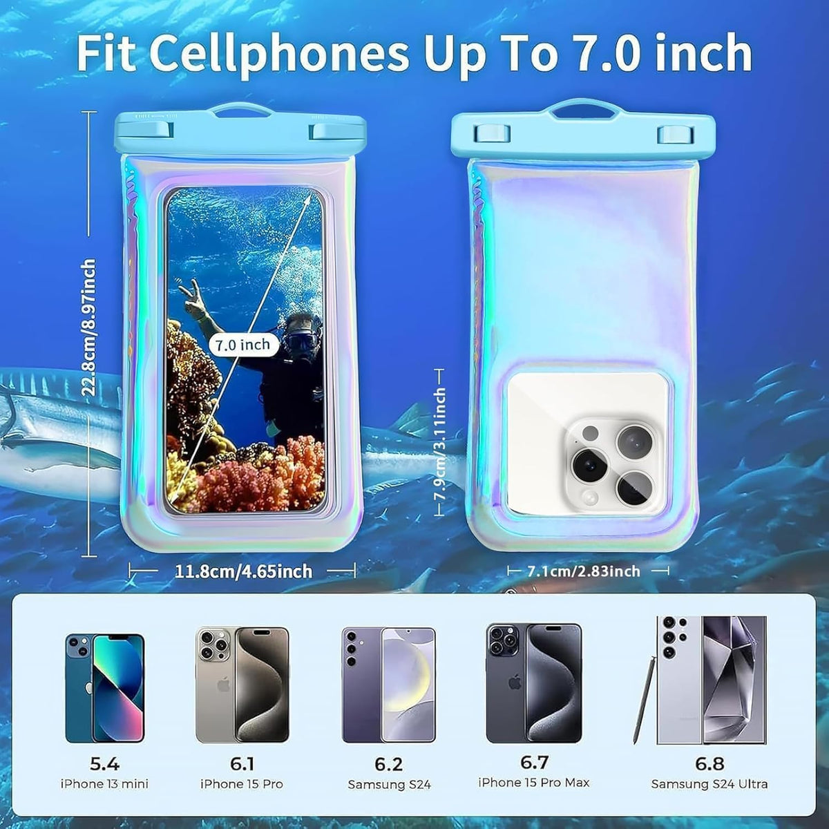 Floatable Waterproof Phone Pouch Case for iPhone 16 Pro Max/15/14/13/12, IP68 Travel Cellphone Waterproof Phone Pouch, Iridescent Blue,1 Pack