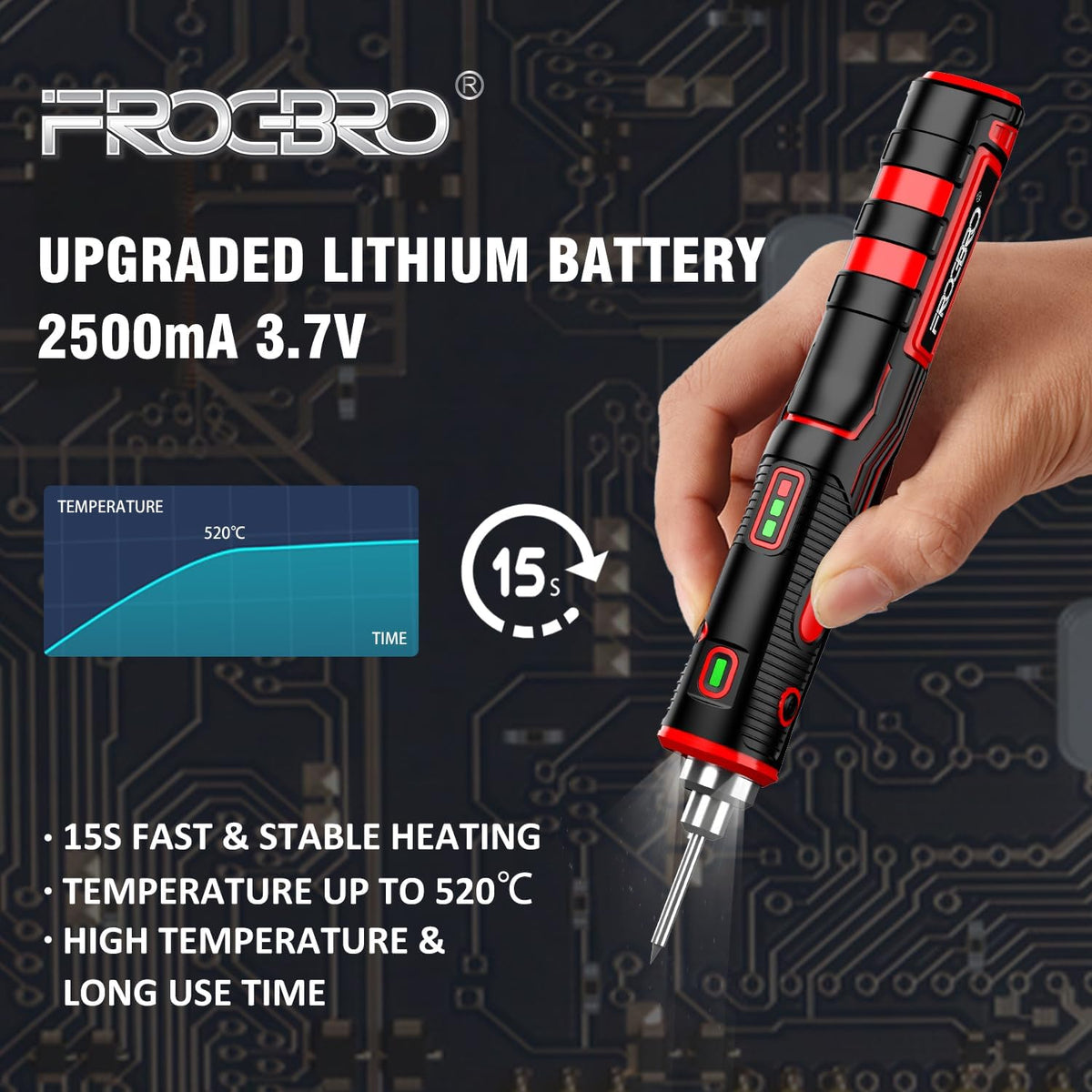 FrogBro Upgrade 11W 2500mAh Cordless Soldering Iron Kit, Max 968℉ Fast Heating Portable, USB Rechargeable High Capacity with Touch Sensor & LED Spotlight