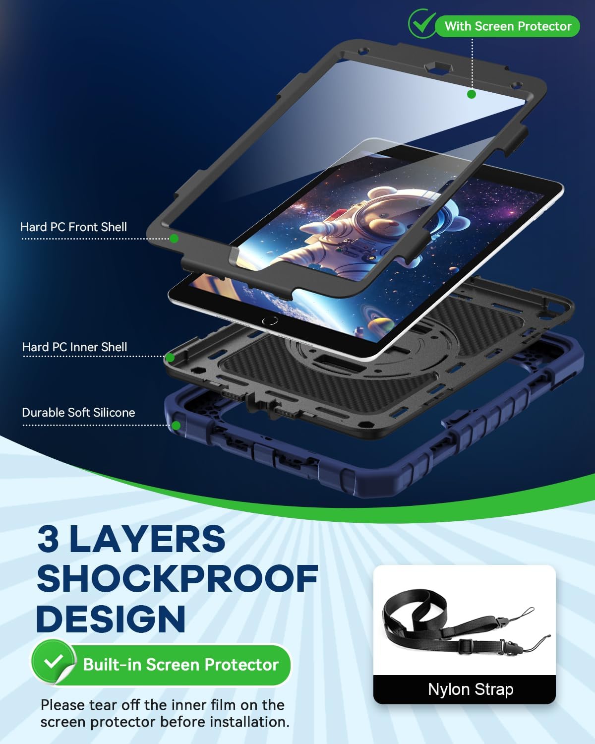 Cantis Case for iPad 9th/8th/7th Generation with Screen Protector, iPad 10.2 Case 2021/2020/2019 with 360 Degree Rotating Stand/Shoulder Strap/Pencil Holder, Navy Blue